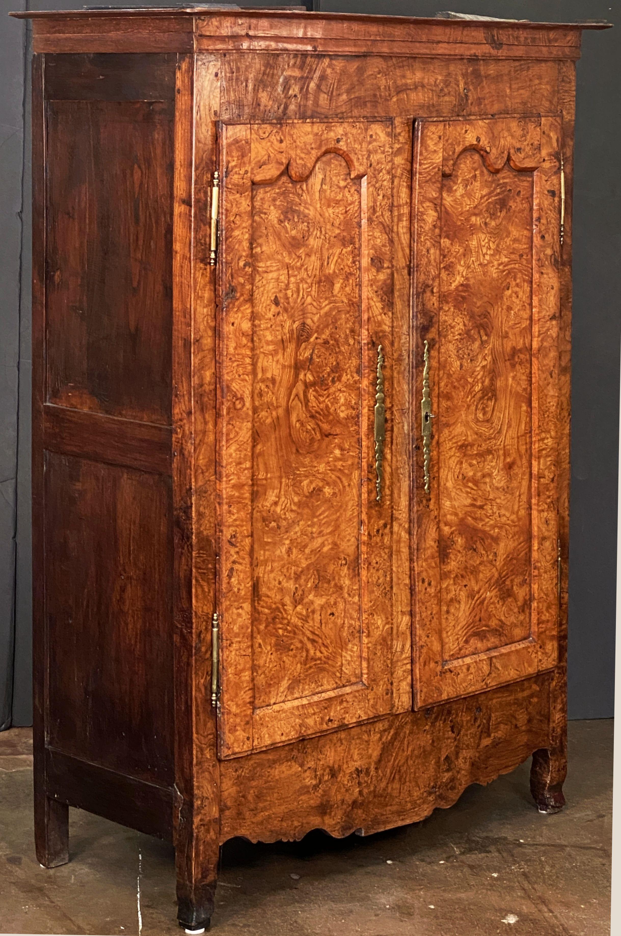 Hermoso armario (o vitrina-librería) francés del siglo XVIII, de madera de olmo desbastada o desbastada, con una corona moldurada sobre dos puertas enmarcadas (cada una con escudos decorativos de latón), que encierran un armario con tres estantes y
