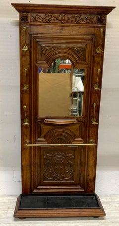 French Armorial Carved Walnut and Brass Coat Rack
