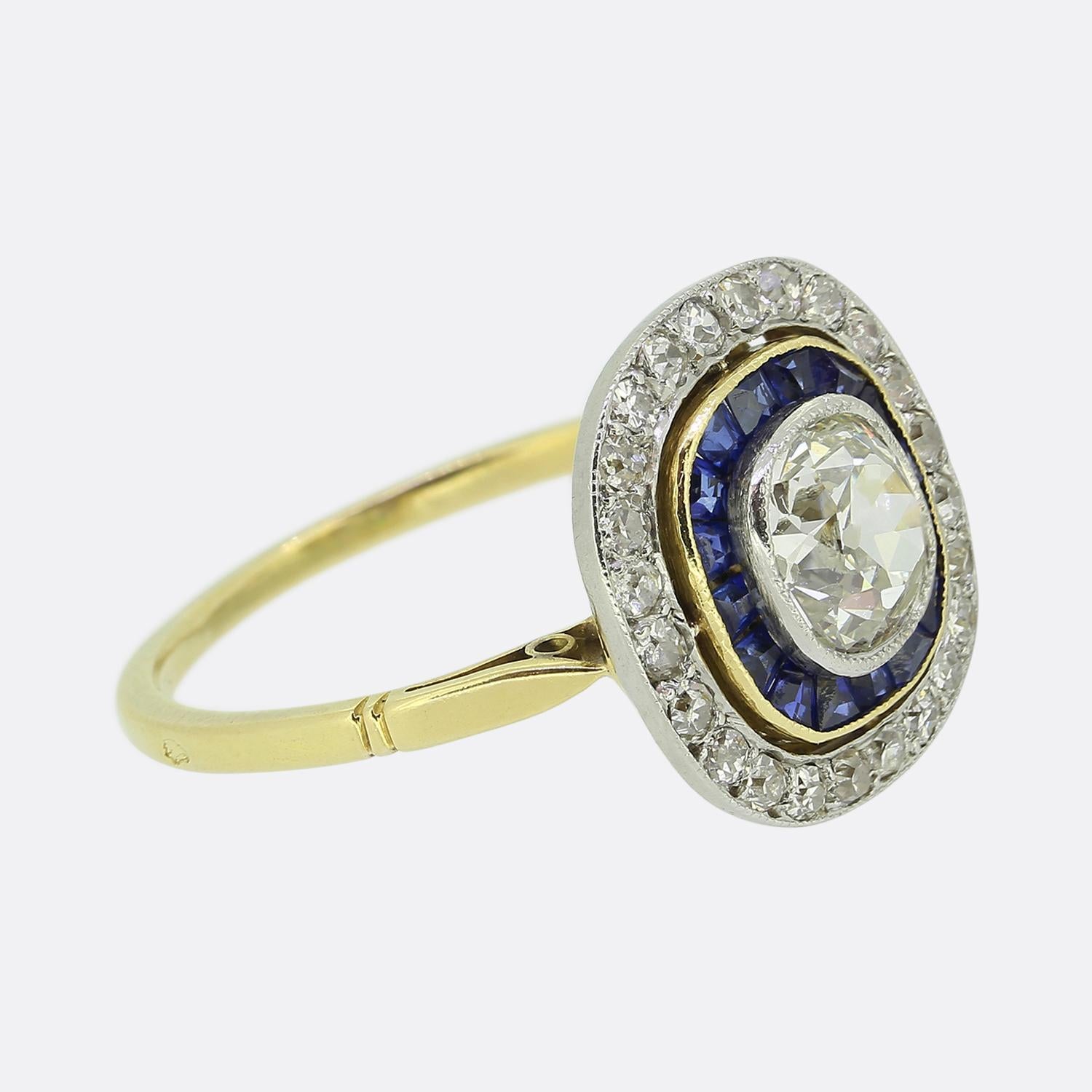 Antique Cushion Cut French Art Deco 0.70 Carat Diamond and Sapphire Ring For Sale
