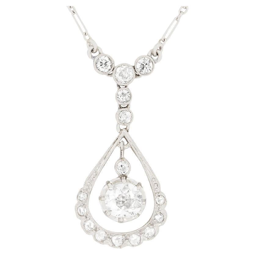 French Art Deco 0.80ct Diamond Drop Necklace, C.1920s For Sale