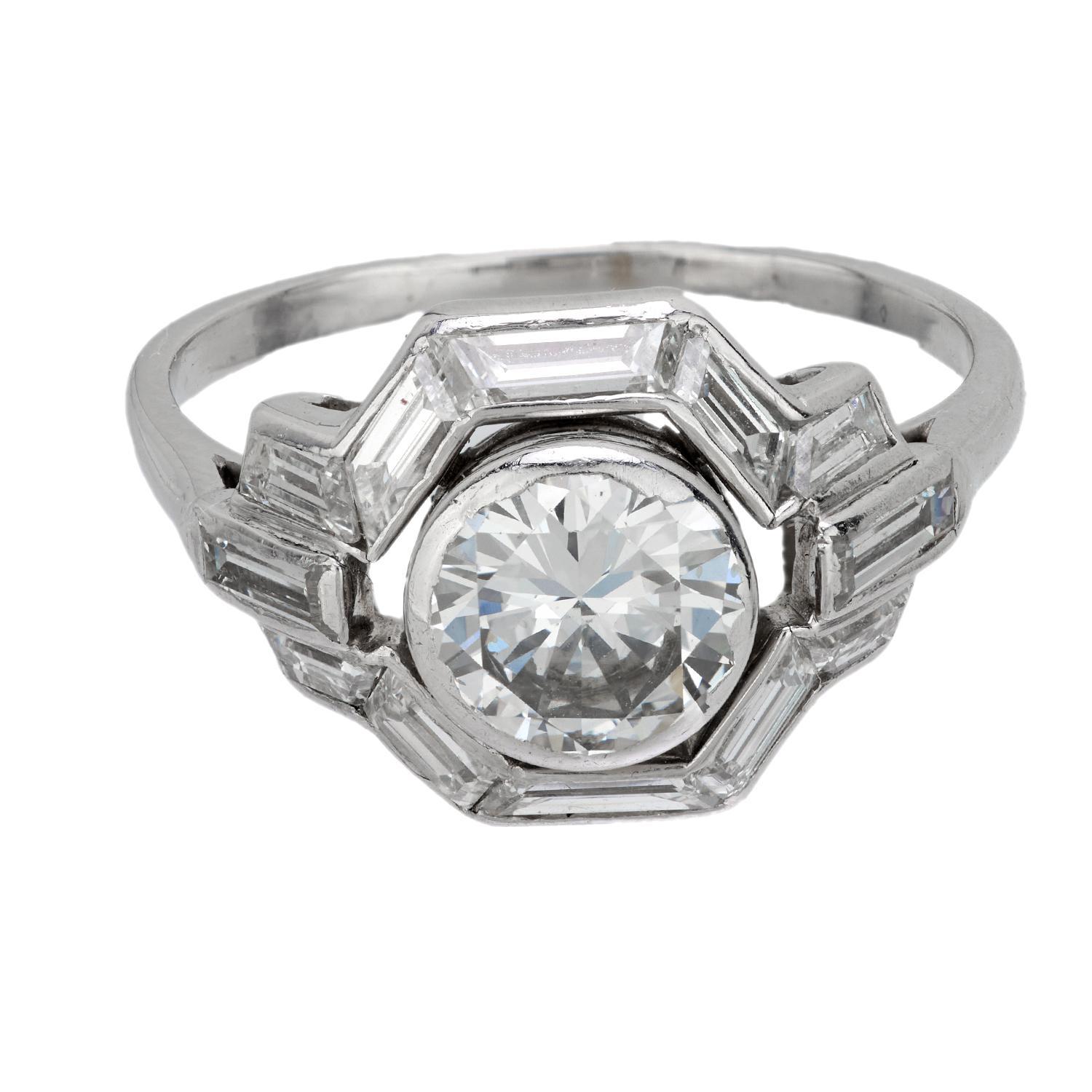 Brilliant Cut French Art Deco 1.10 carat diamond platinum engagement ring For Sale