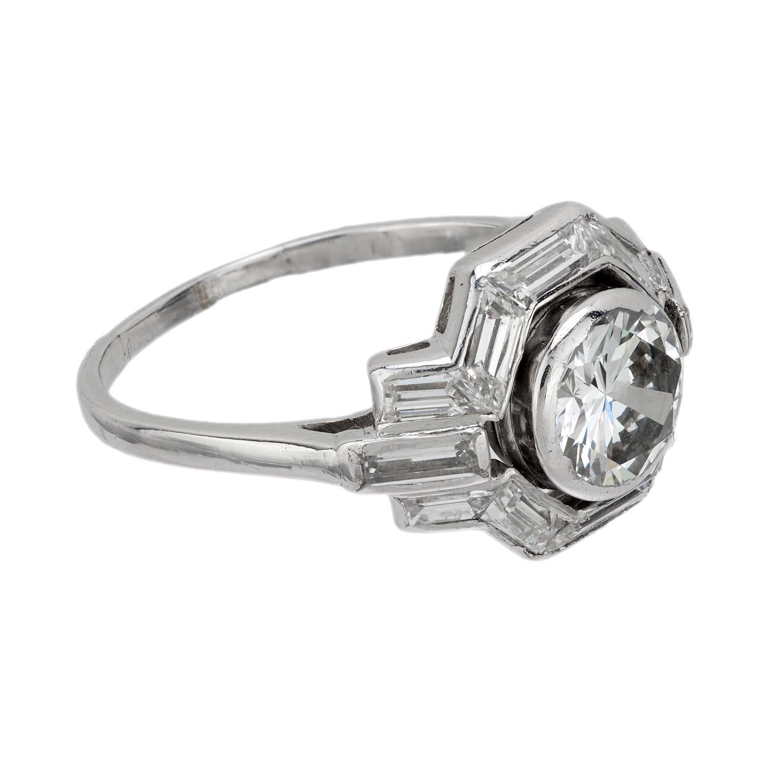 Women's French Art Deco 1.10 carat diamond platinum engagement ring For Sale