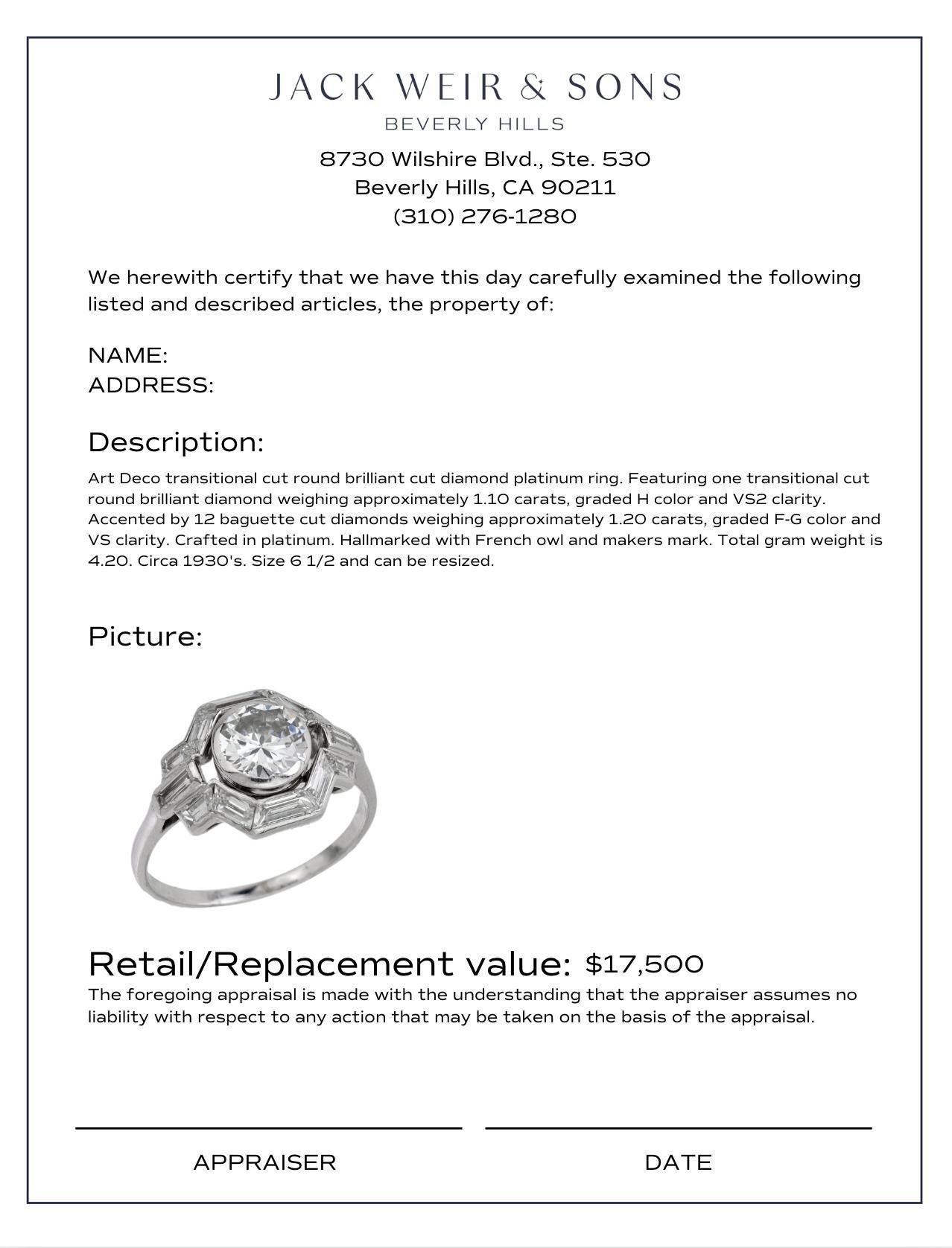 French Art Deco 1.10 carat diamond platinum engagement ring For Sale 1