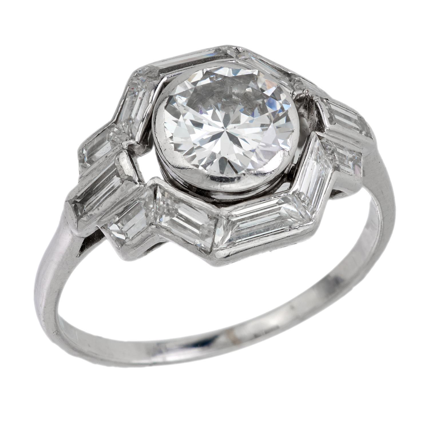 French Art Deco 1.10 carat diamond platinum engagement ring