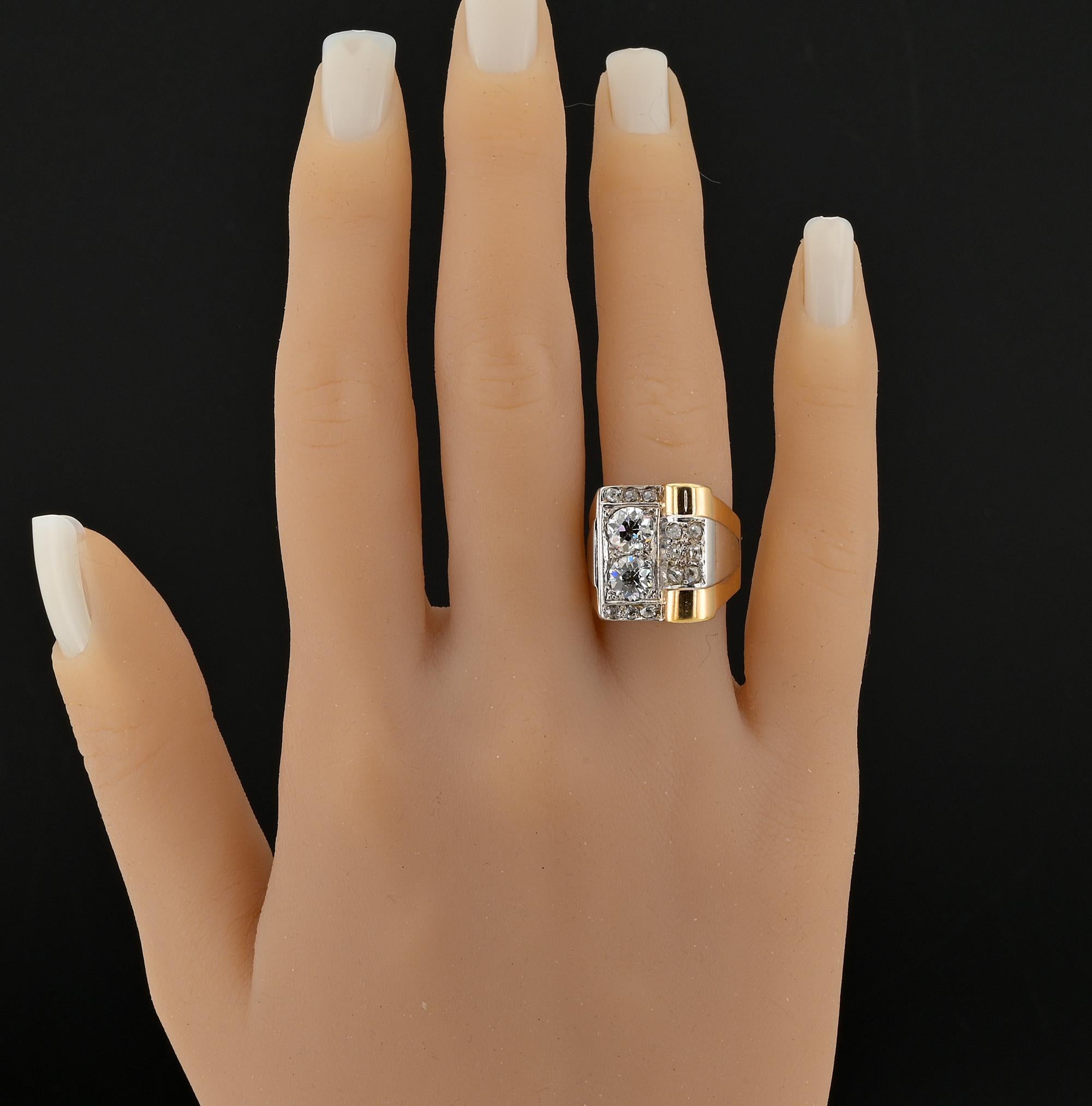 Bague à boucle solitaire jumelle Art déco française avec diamants 1,50 carat en vente 5