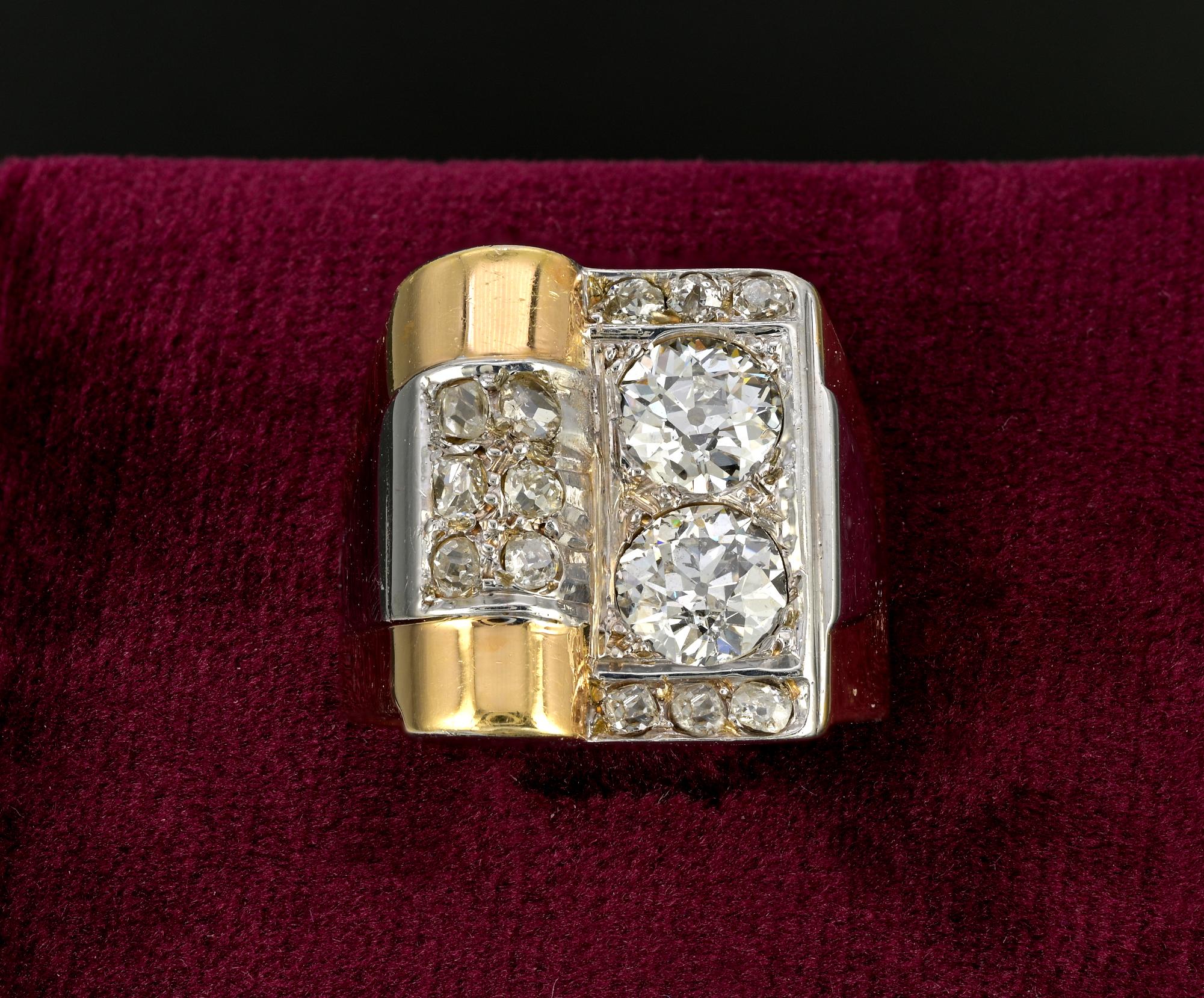 This outstanding Art Deco ring is 1935 ca
Substantially hand crafted solid 18 KT gold with Platinum portions
It bears French hallmarks
Masculine and strong character is expressed by an unique Buckle design pointed on one side by two white sparkly