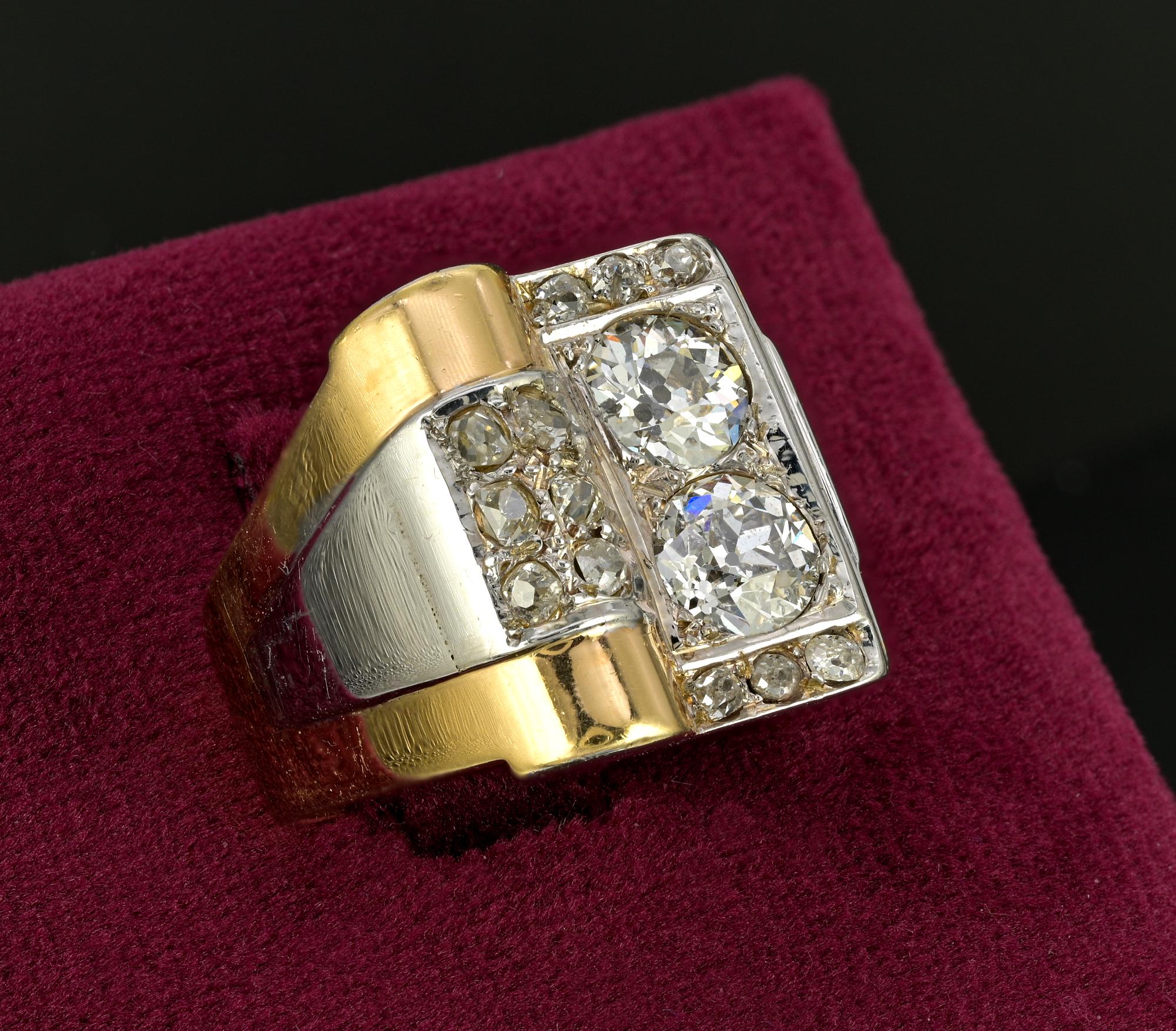 Old European Cut French Art Deco 1.50 Ct Diamond Twin Solitaire Buckle Ring For Sale