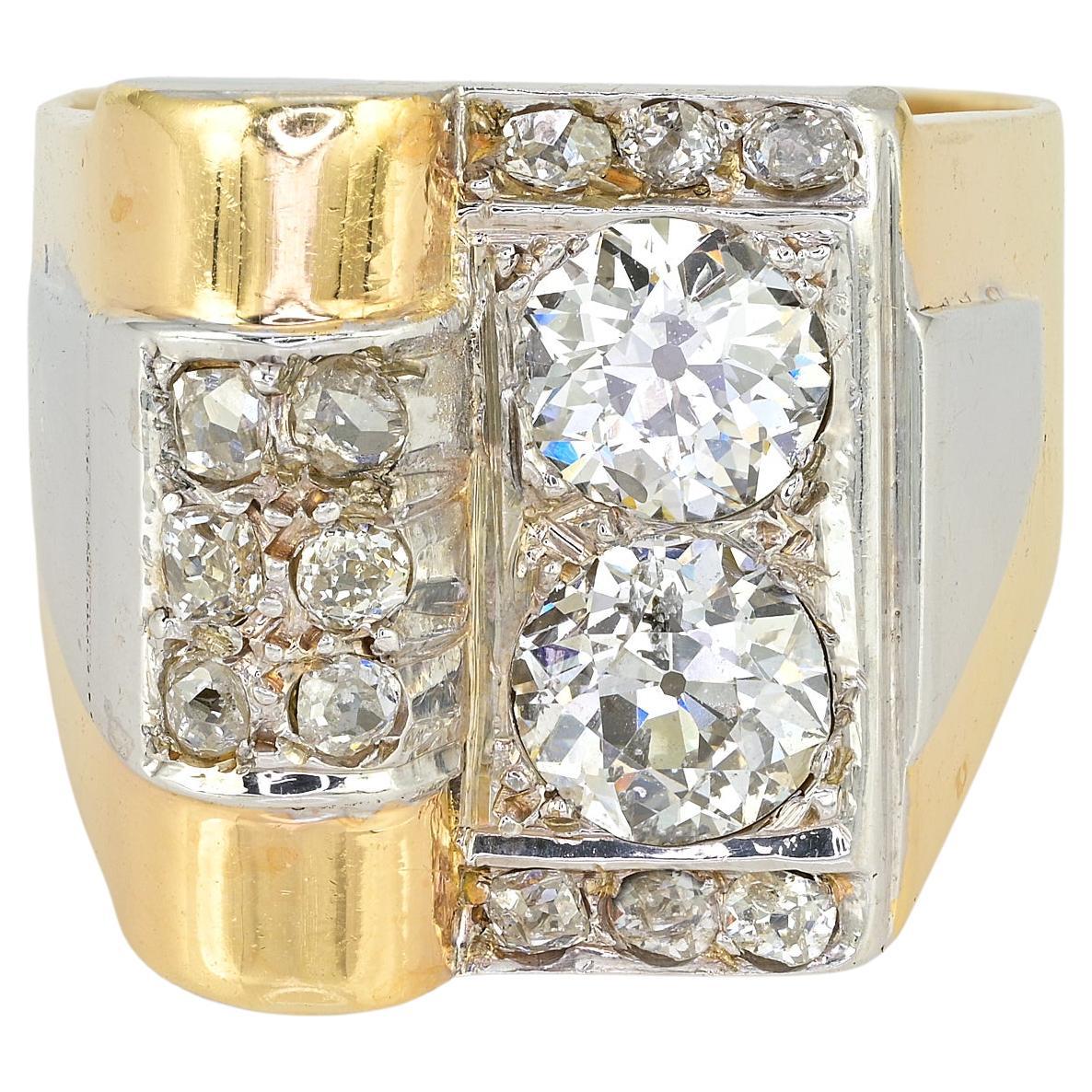 Französischer Art Deco 1,50 Karat Diamant Twin Solitär Schnalle Ring