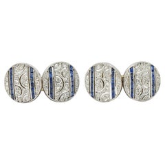 French Art Deco 1.60 CTW Sapphire Diamond Platinum 18K Gold Antique Cufflinks