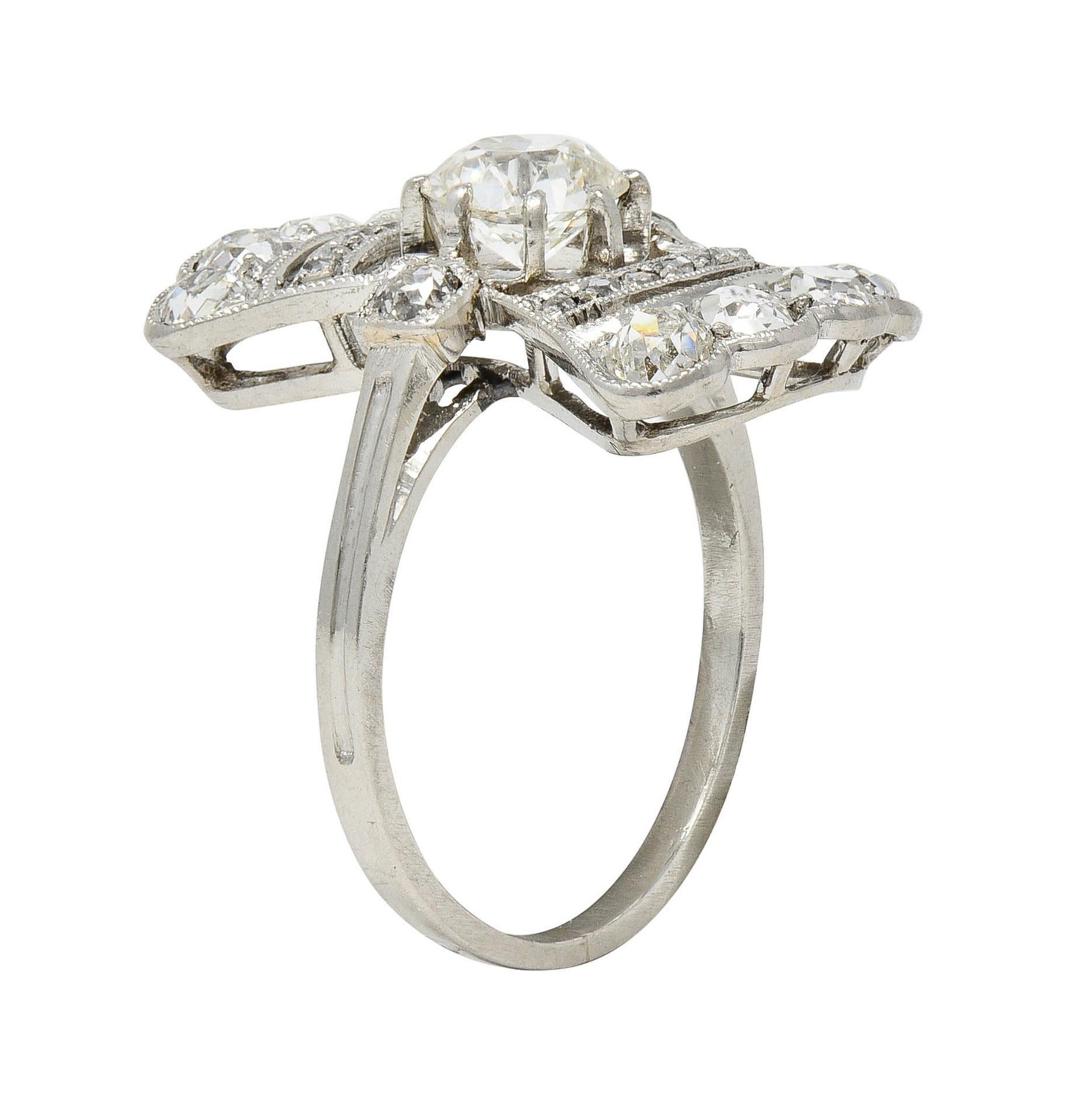 French Art Deco 1.70 CTW Diamond Platinum Fanning Antique Dinner Ring For Sale 6