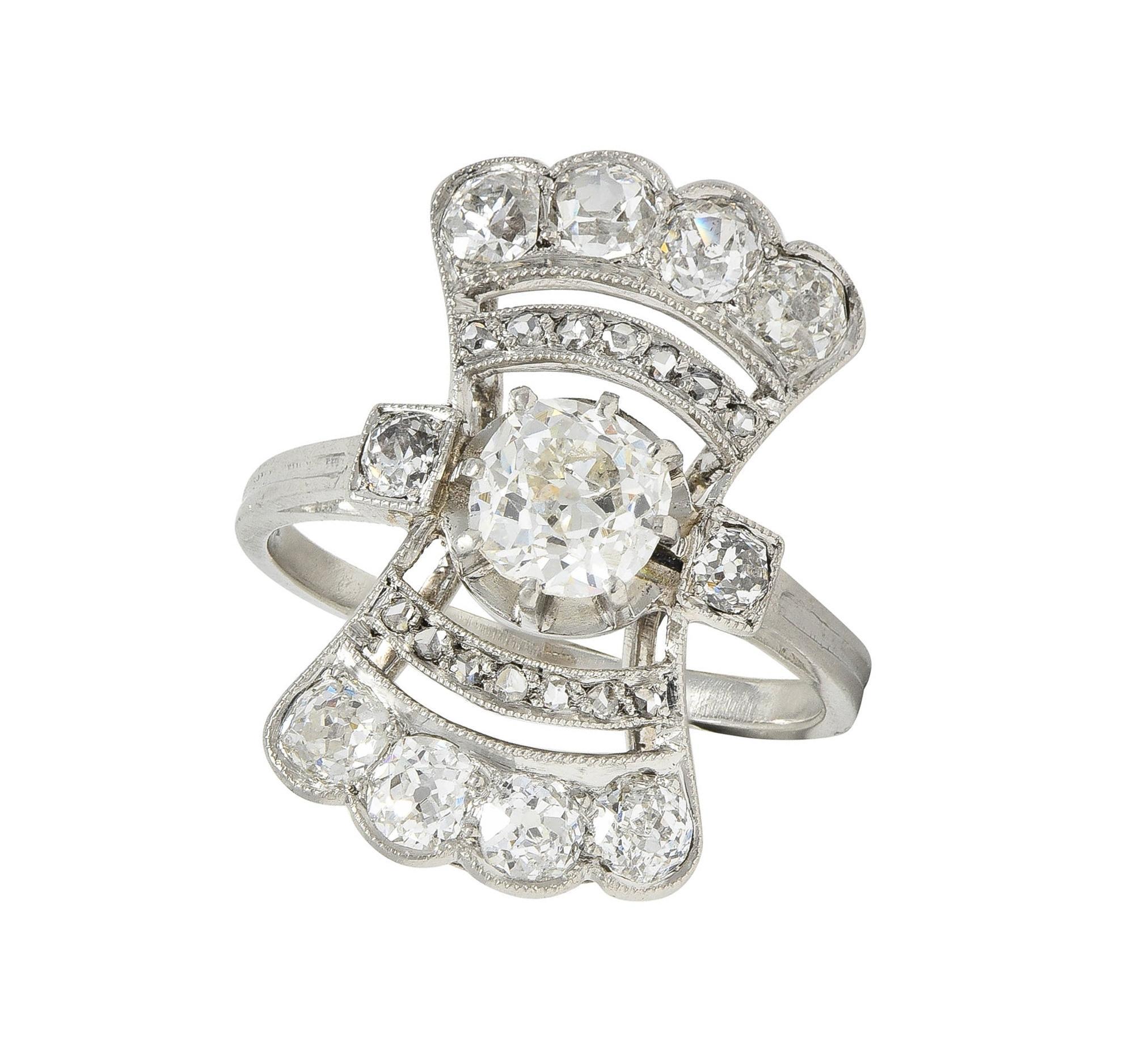 French Art Deco 1.70 CTW Diamond Platinum Fanning Antique Dinner Ring For Sale 7