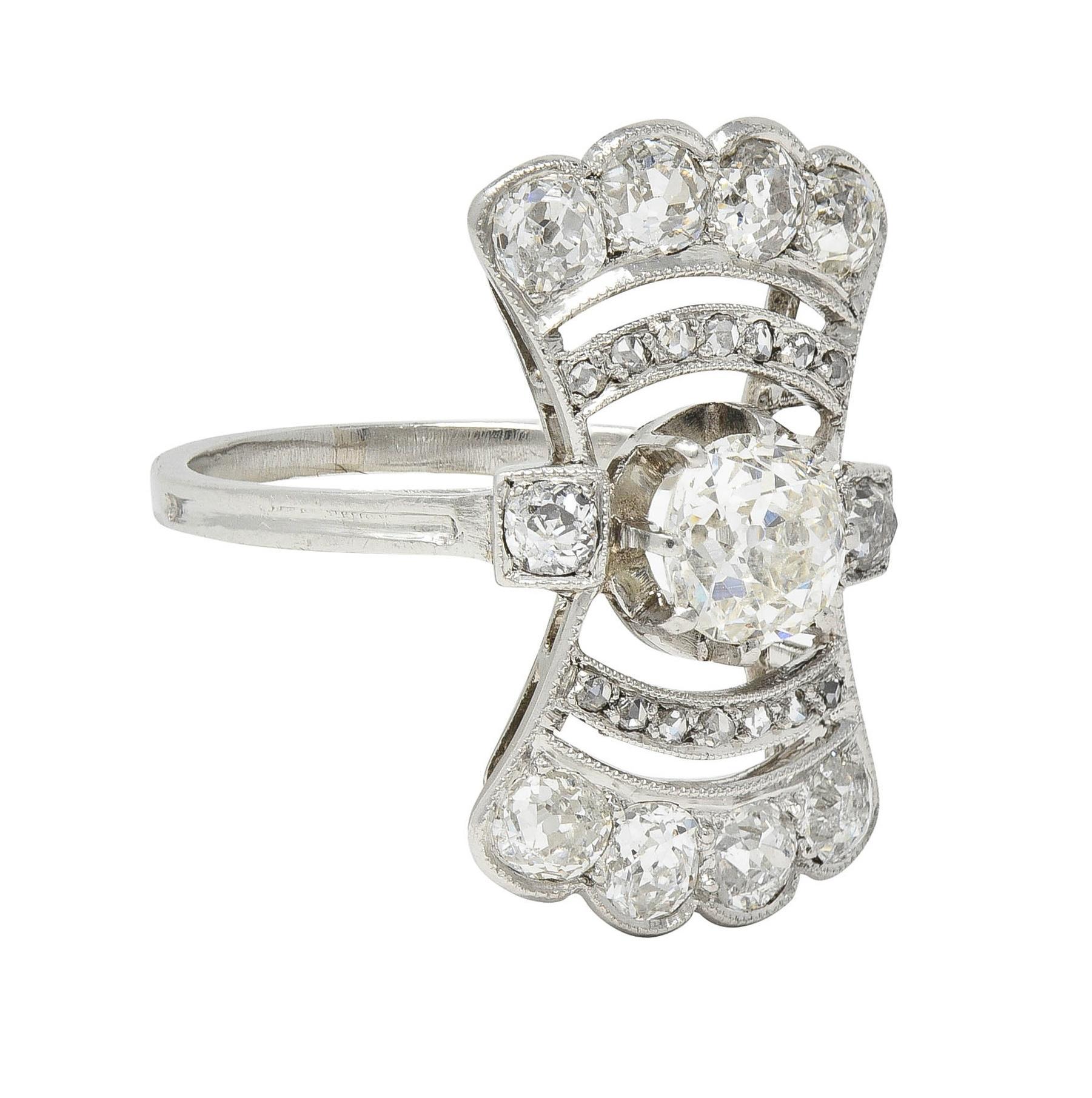 Old Mine Cut French Art Deco 1.70 CTW Diamond Platinum Fanning Antique Dinner Ring For Sale