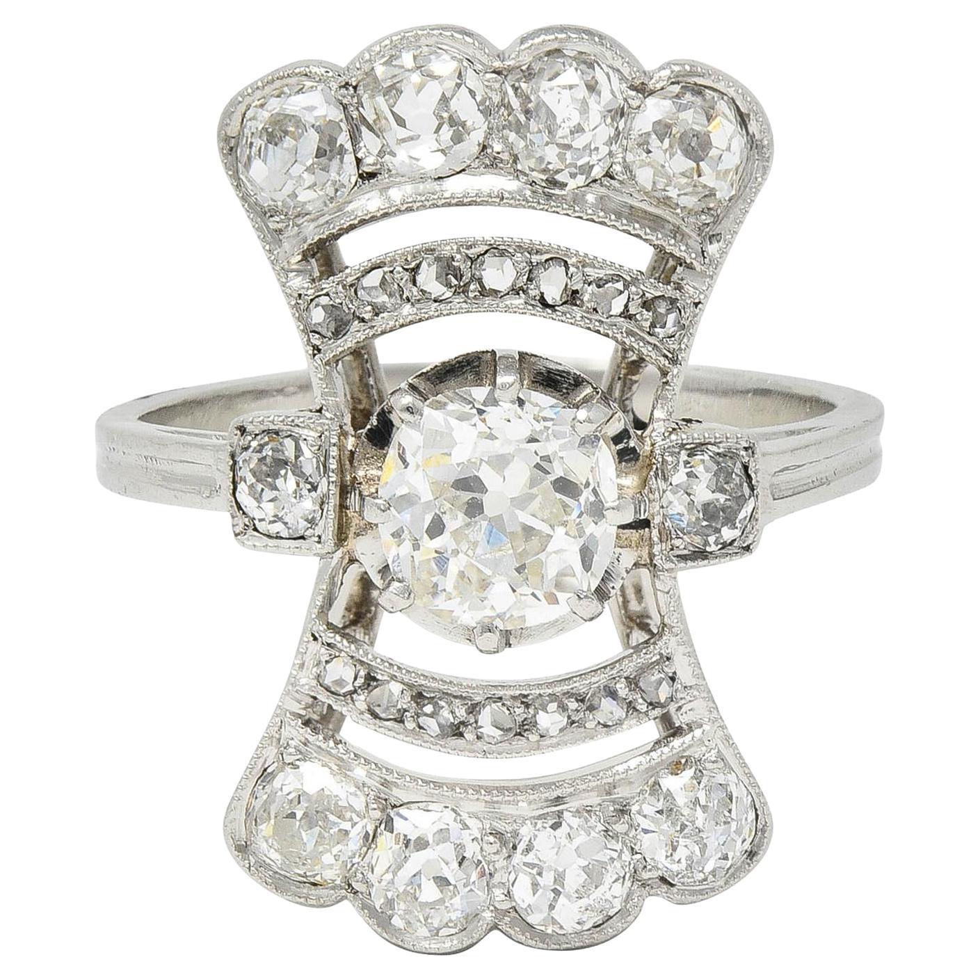 French Art Deco 1.70 CTW Diamond Platinum Fanning Antique Dinner Ring