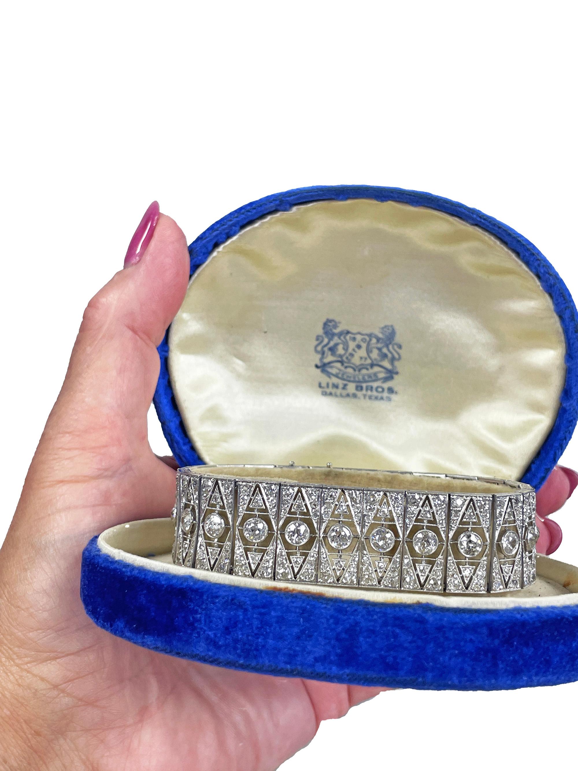 Impressive Antique French Art Deco 17.05ct Old European DIAMOND Platinum Line BRACELET, 1920s

Magnifique! This singular and sensational Art Deco dazzler, by way of 1920s France, is loaded with a sparkling array of 24 bright-white and sparkling
