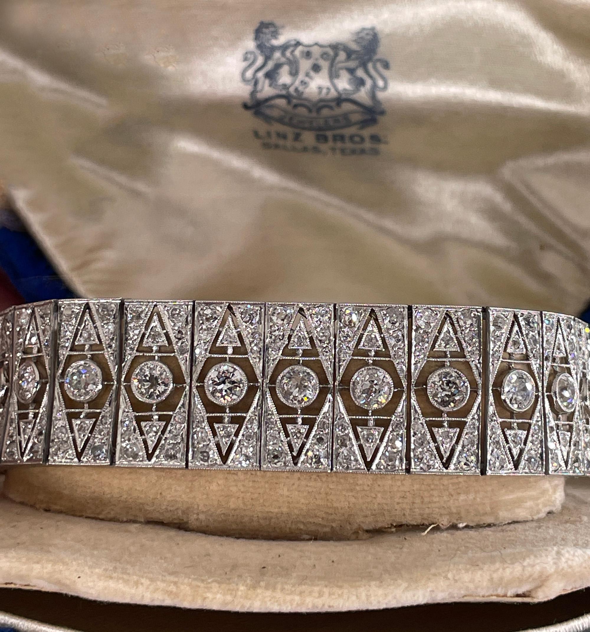 Round Cut French Art Deco 17.04ctw Old European Diamond Platinum Bracelet For Sale