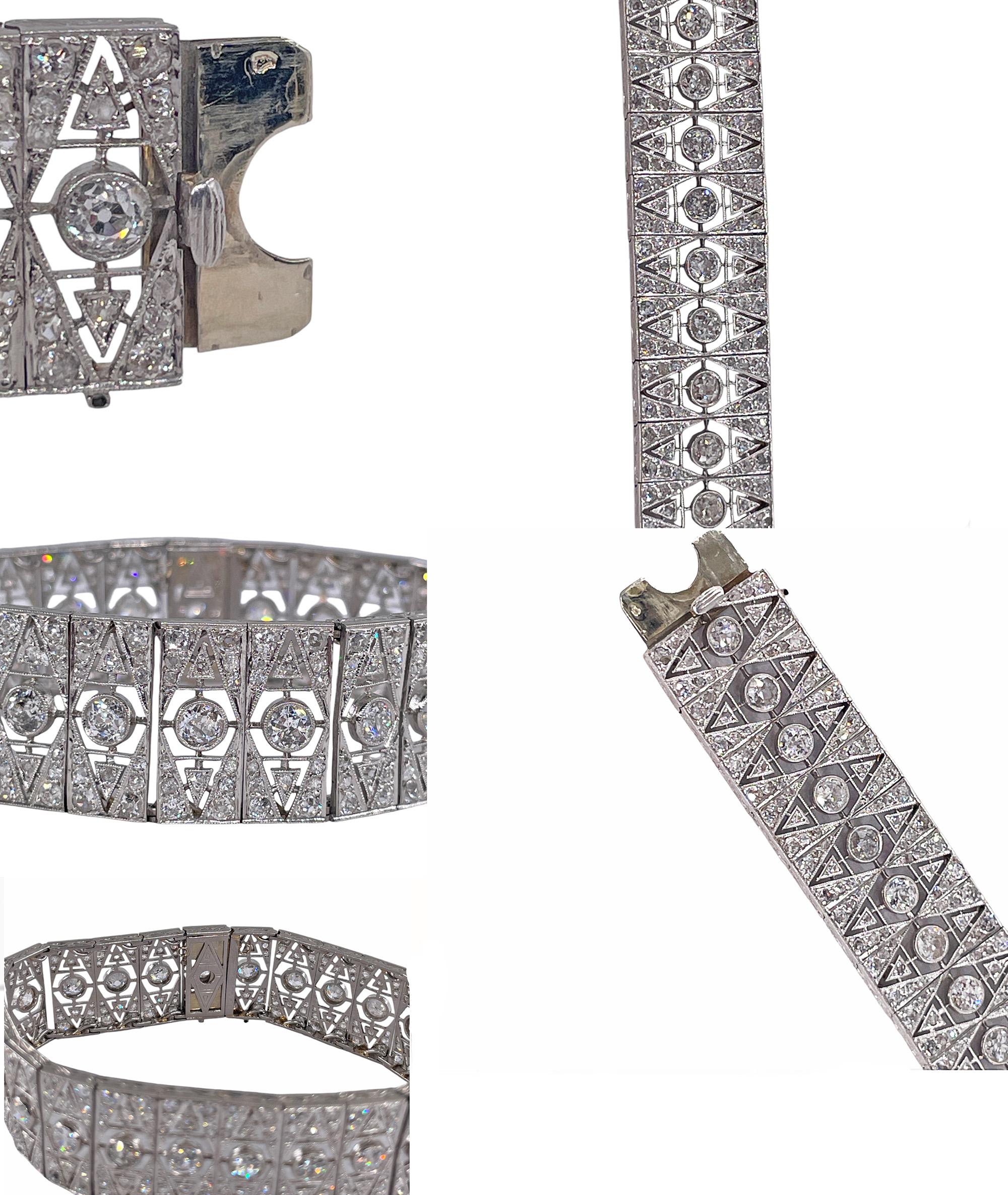 French Art Deco 17.04ctw Old European Diamond Platinum Bracelet For Sale 3