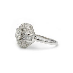 French Art Deco 18K White Gold Diamond Ring with Baguette & Round Diamonds