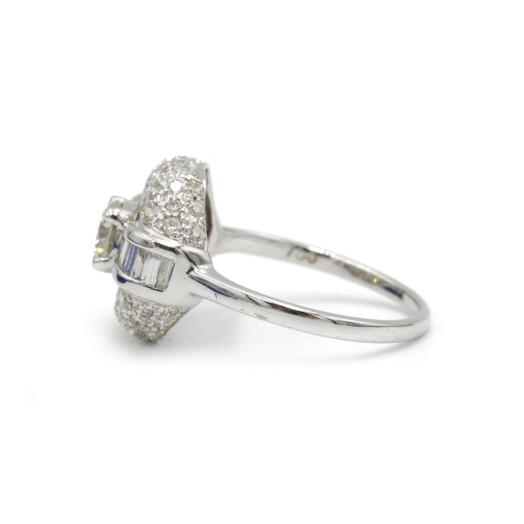 Round Cut French Art Deco 18K White Gold Diamond Ring with Baguette & Round Diamonds For Sale