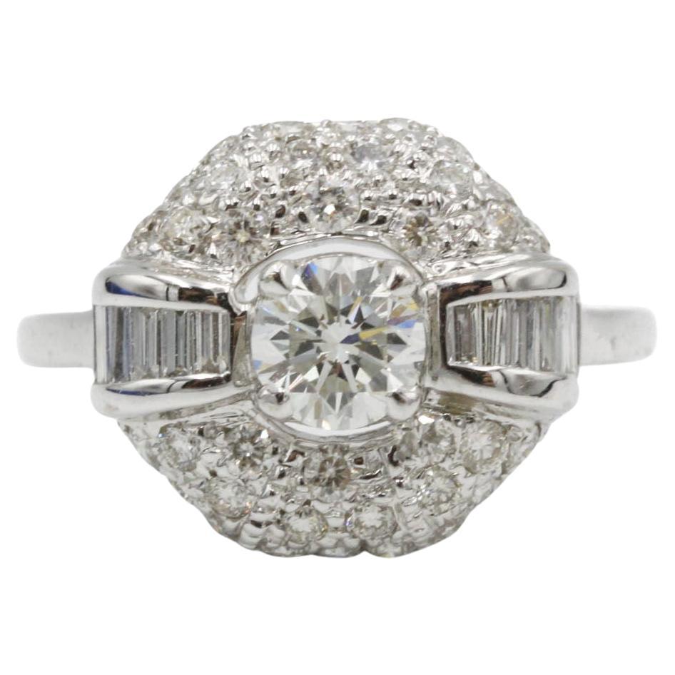 French Art Deco 18K White Gold Diamond Ring with Baguette & Round Diamonds