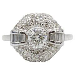 Antique French Art Deco 18K White Gold Diamond Ring with Baguette & Round Diamonds