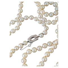 Antique French Art Deco 18K White Gold Long Pearl & Diamond Necklace Sautoir