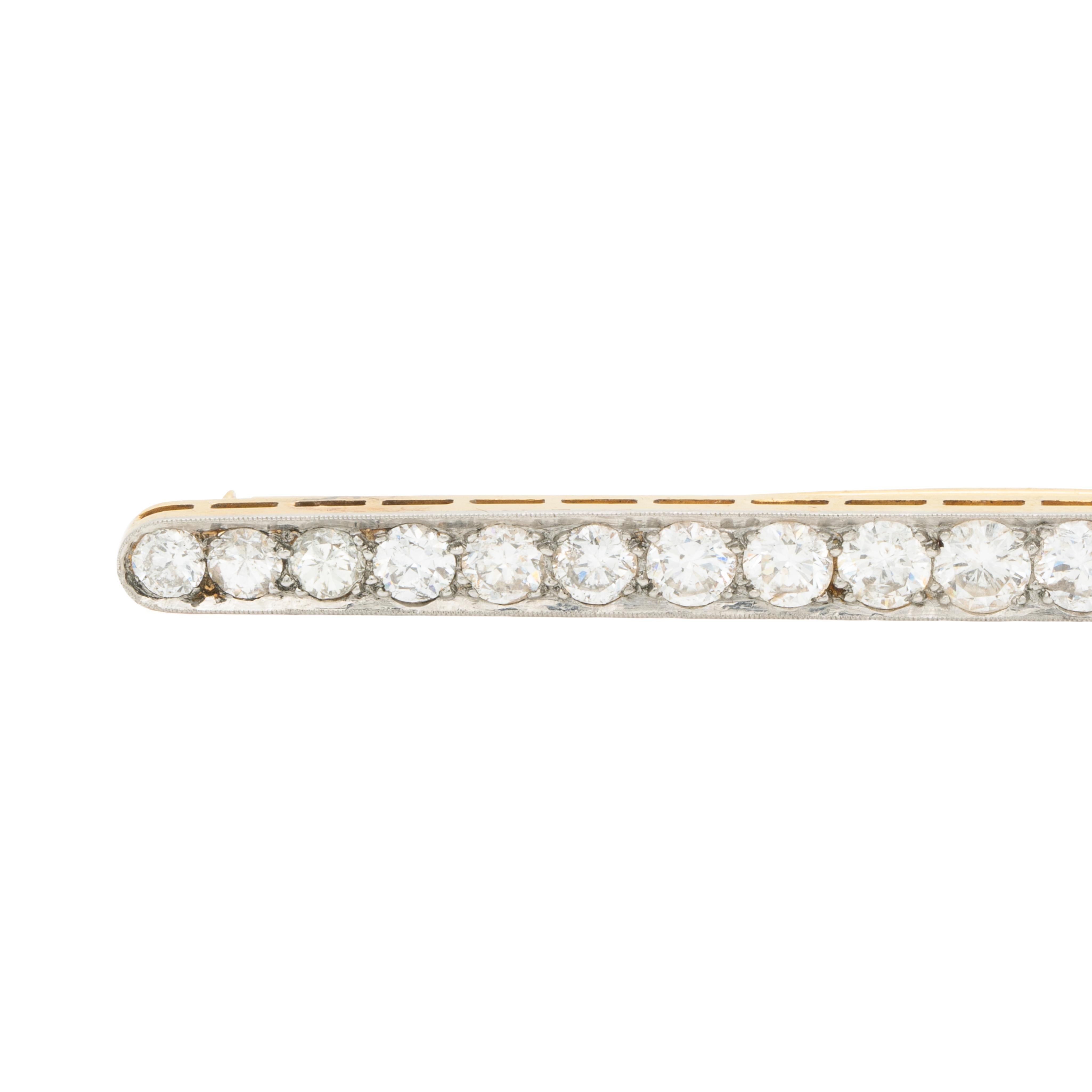 Französisch Art Deco 18k Gelbgold und Platin 3,0 Karat Diamant Bar Brosche (Art déco) im Angebot