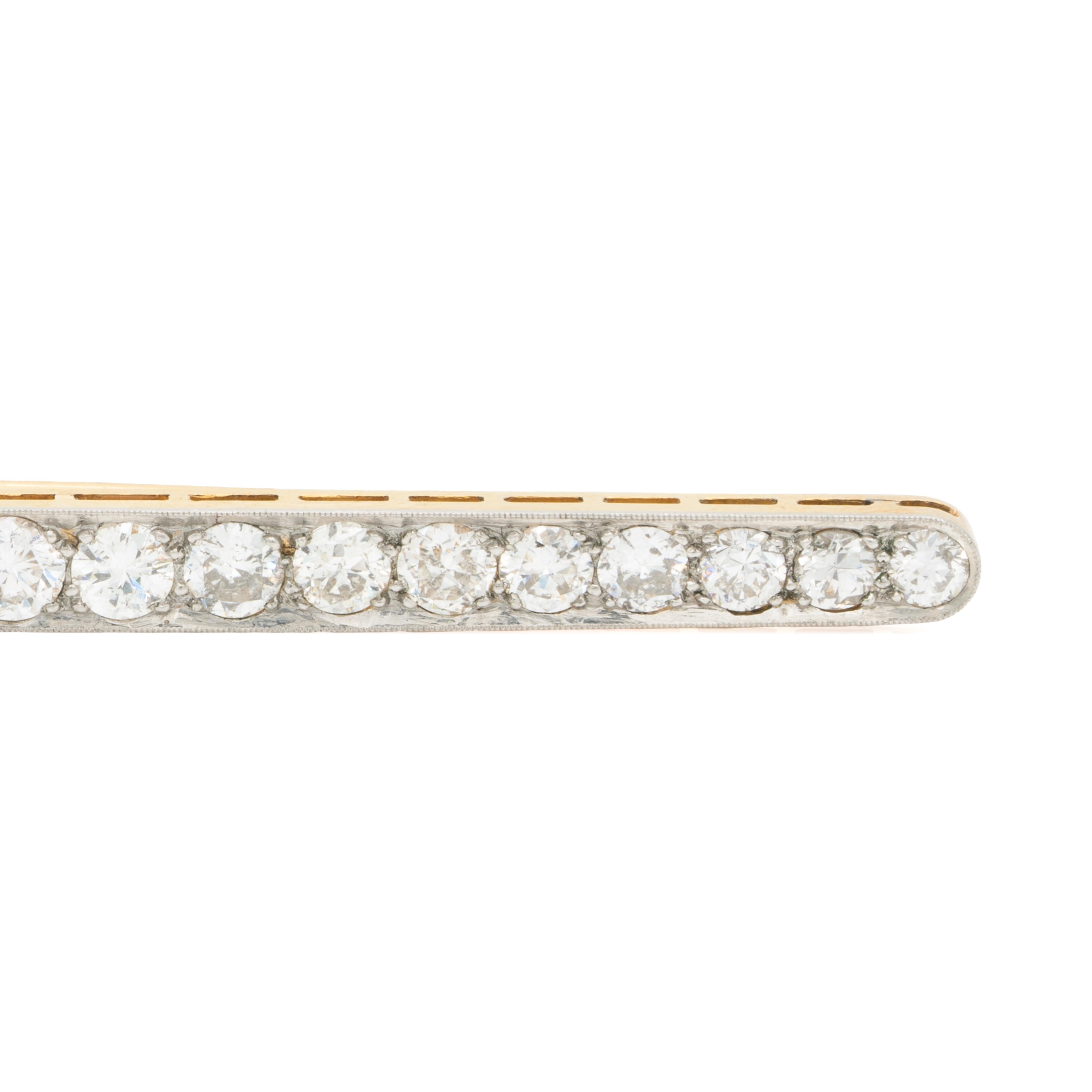 Französisch Art Deco 18k Gelbgold und Platin 3,0 Karat Diamant Bar Brosche (Alteuropäischer Schliff) im Angebot