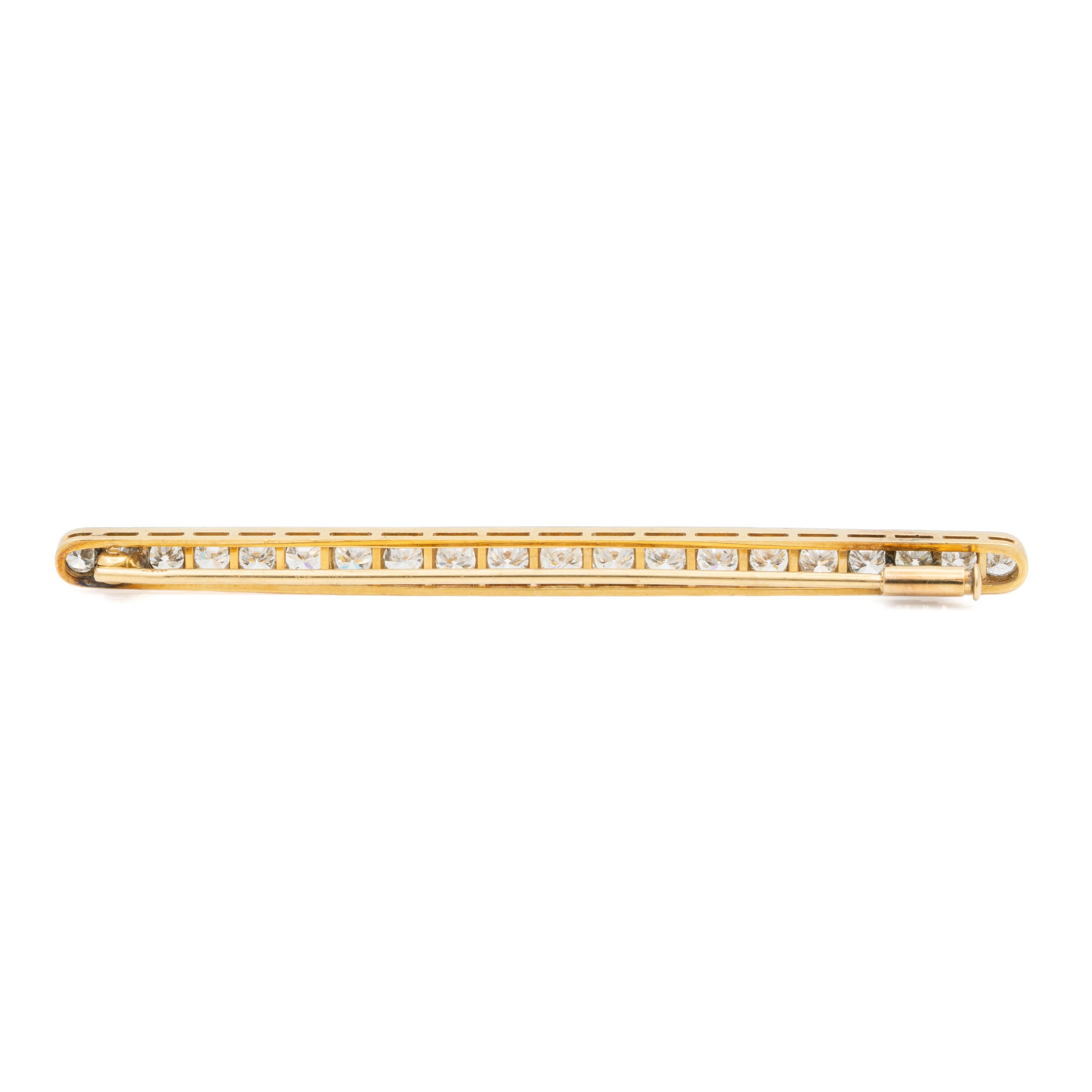 Französisch Art Deco 18k Gelbgold und Platin 3,0 Karat Diamant Bar Brosche im Zustand „Gut“ im Angebot in New York, NY