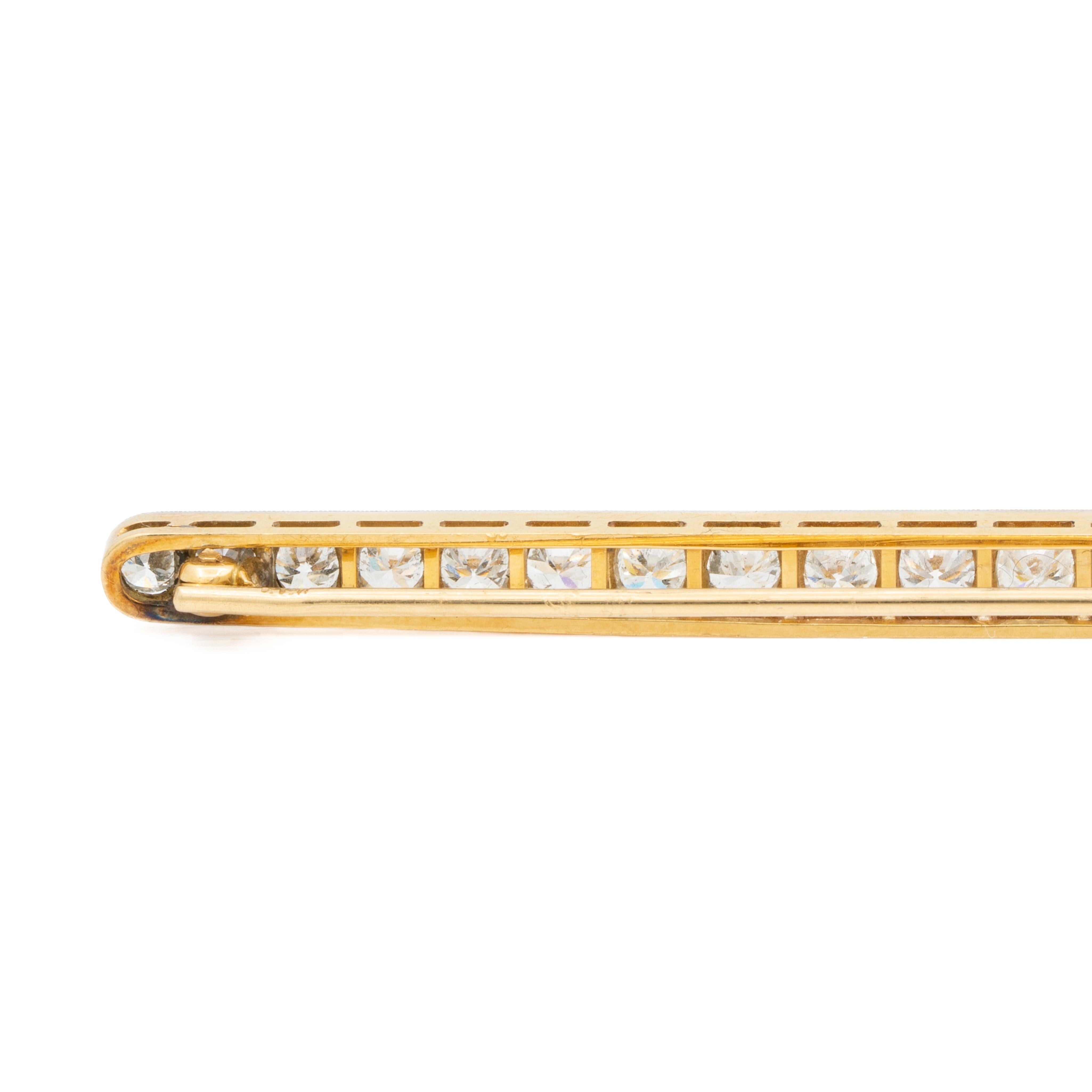 Französisch Art Deco 18k Gelbgold und Platin 3,0 Karat Diamant Bar Brosche Damen im Angebot