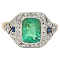 Anello francese Art Deco 1920 con diamante smeraldo da 2,61 CTW in platino e oro 18K
