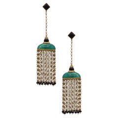 French Art Deco 1920 Dangle Tassels Earrings in 18kt Gold with Jade and Pearls