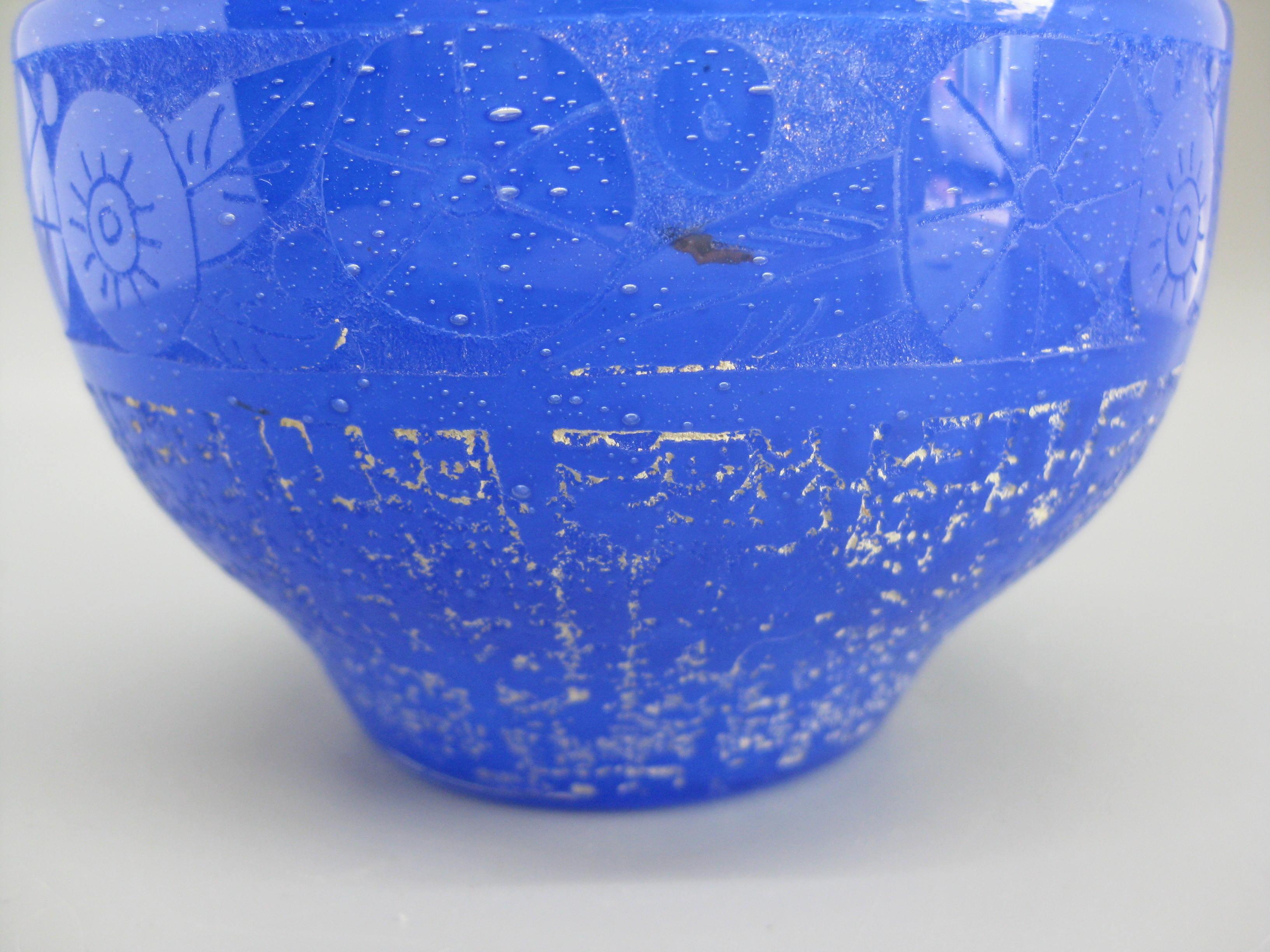 French Art Deco 1920's Daum Nancy France Art Glass Acid Etched Blue Vase Bowl For Sale 5