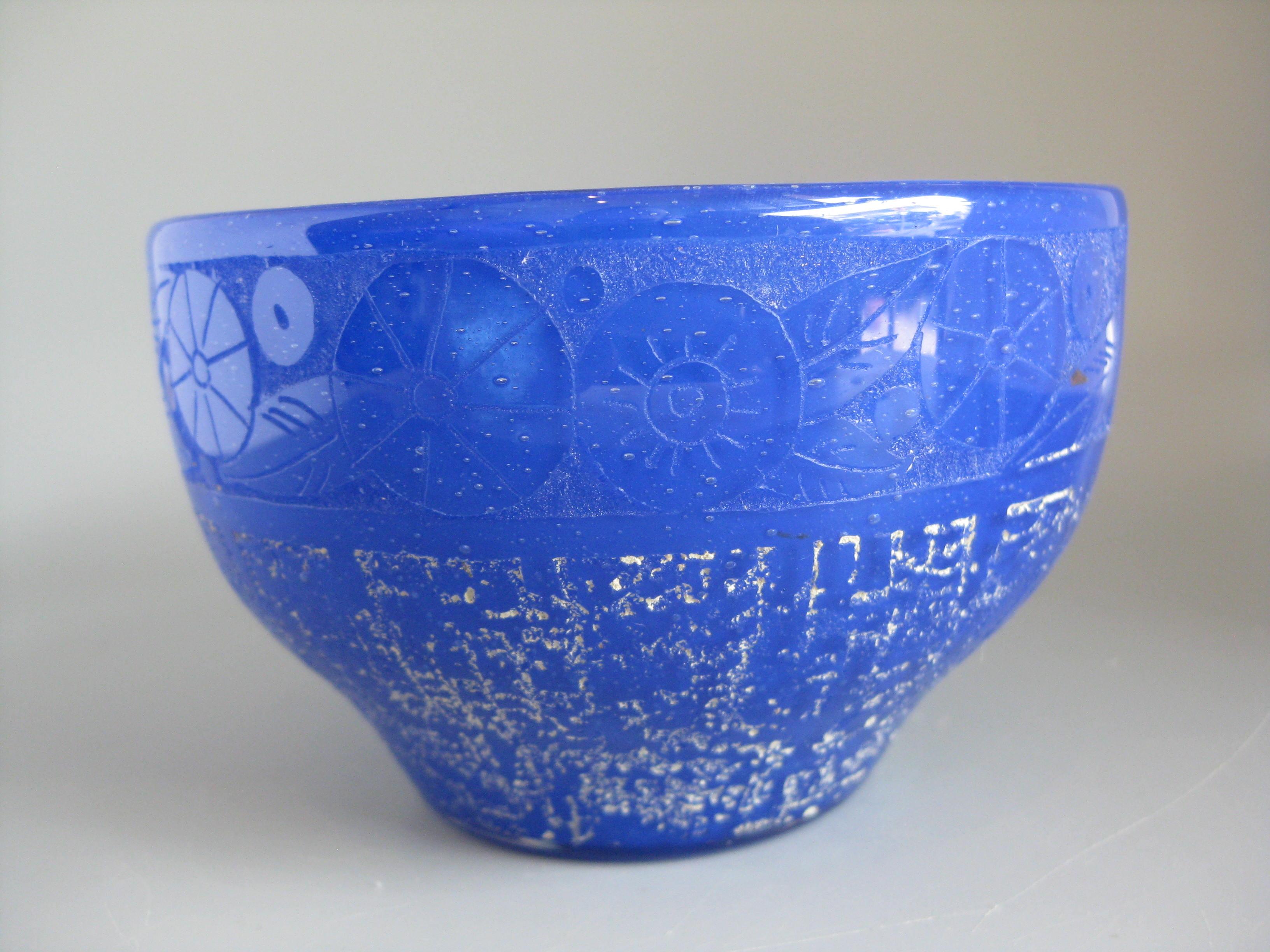 20th Century French Art Deco 1920's Daum Nancy France Art Glass Acid Etched Blue Vase Bowl For Sale