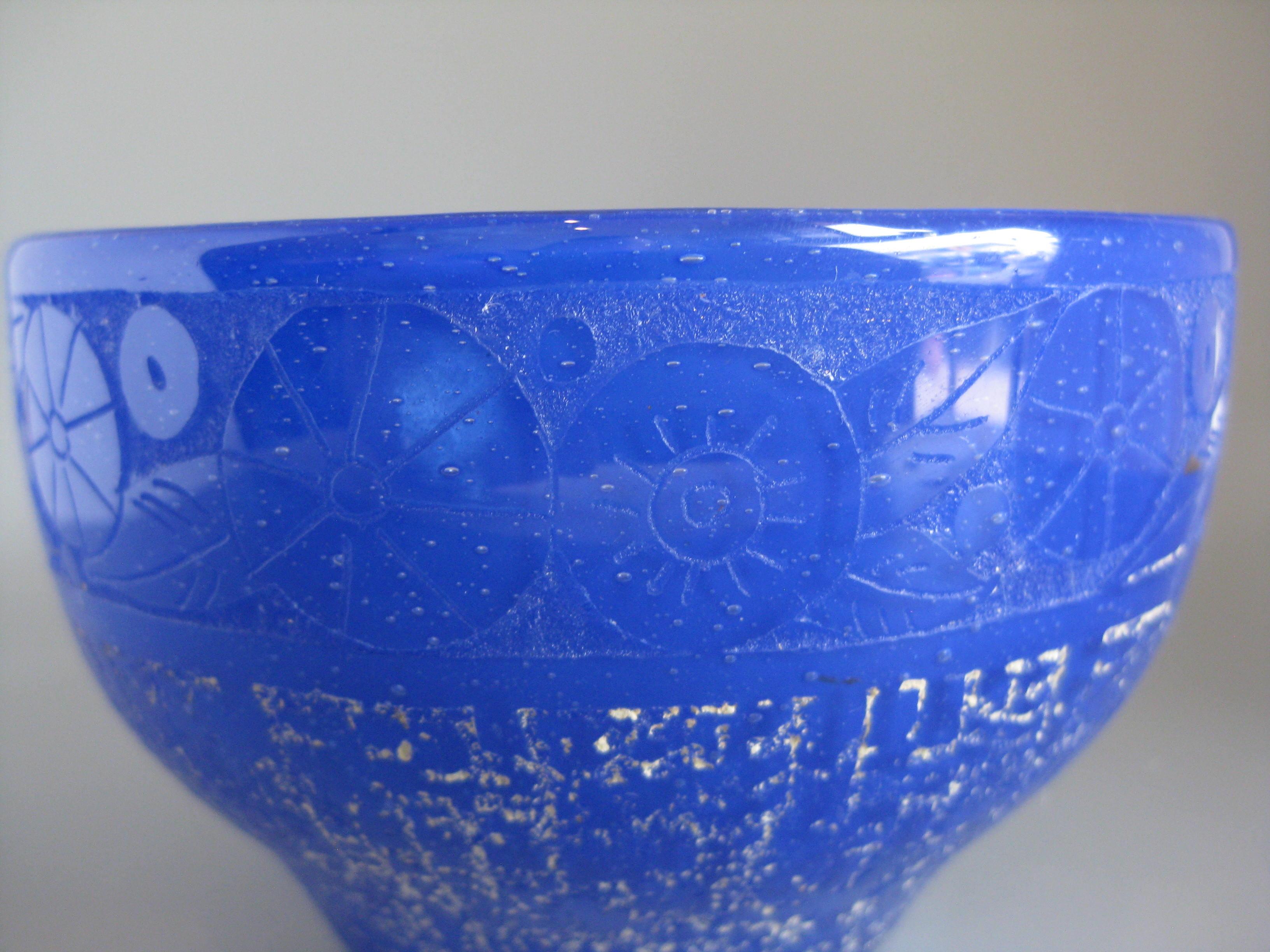 French Art Deco 1920's Daum Nancy France Art Glass Acid Etched Blue Vase Bowl For Sale 1