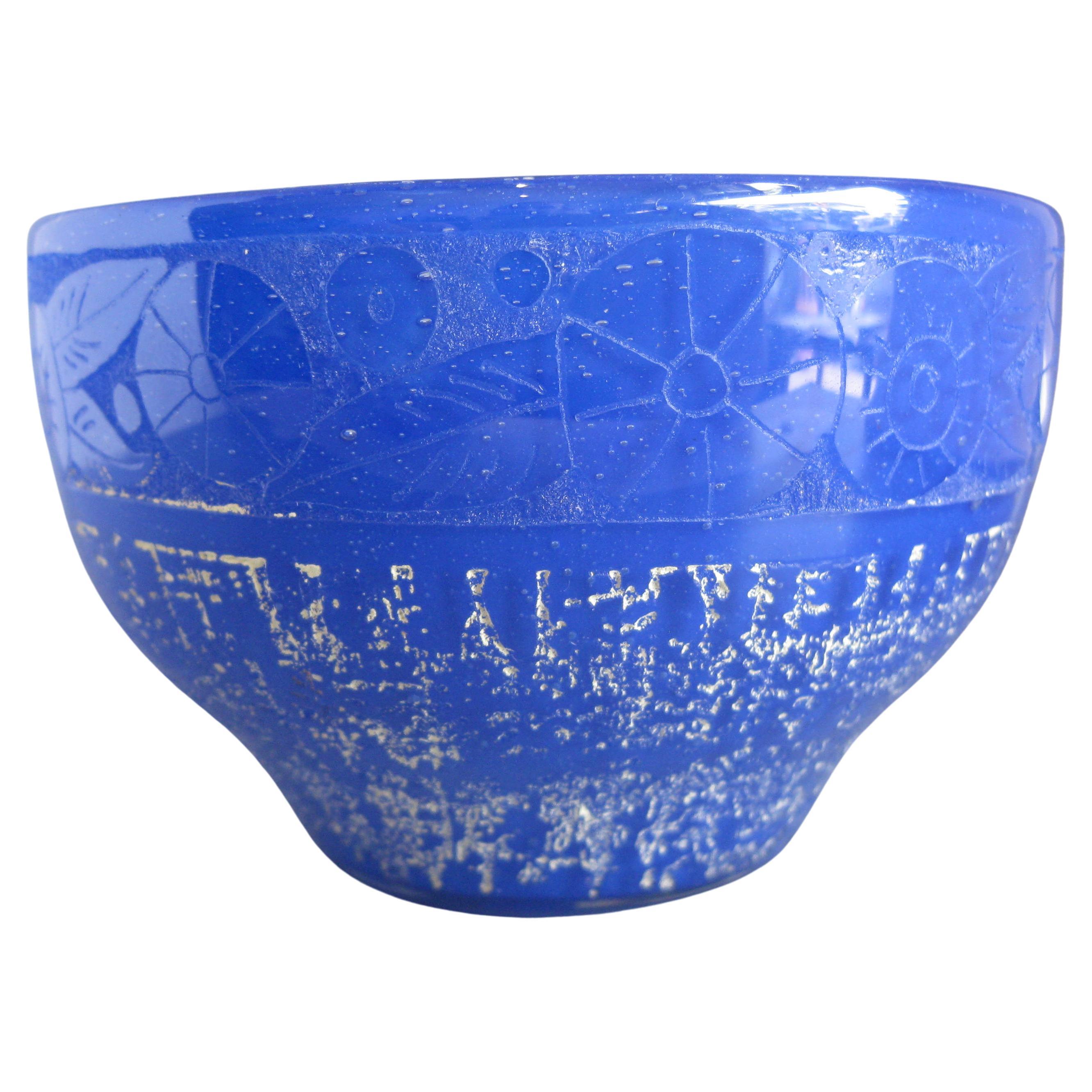 French Art Deco 1920's Daum Nancy France Art Glass Acid Etched Blue Vase Bowl For Sale