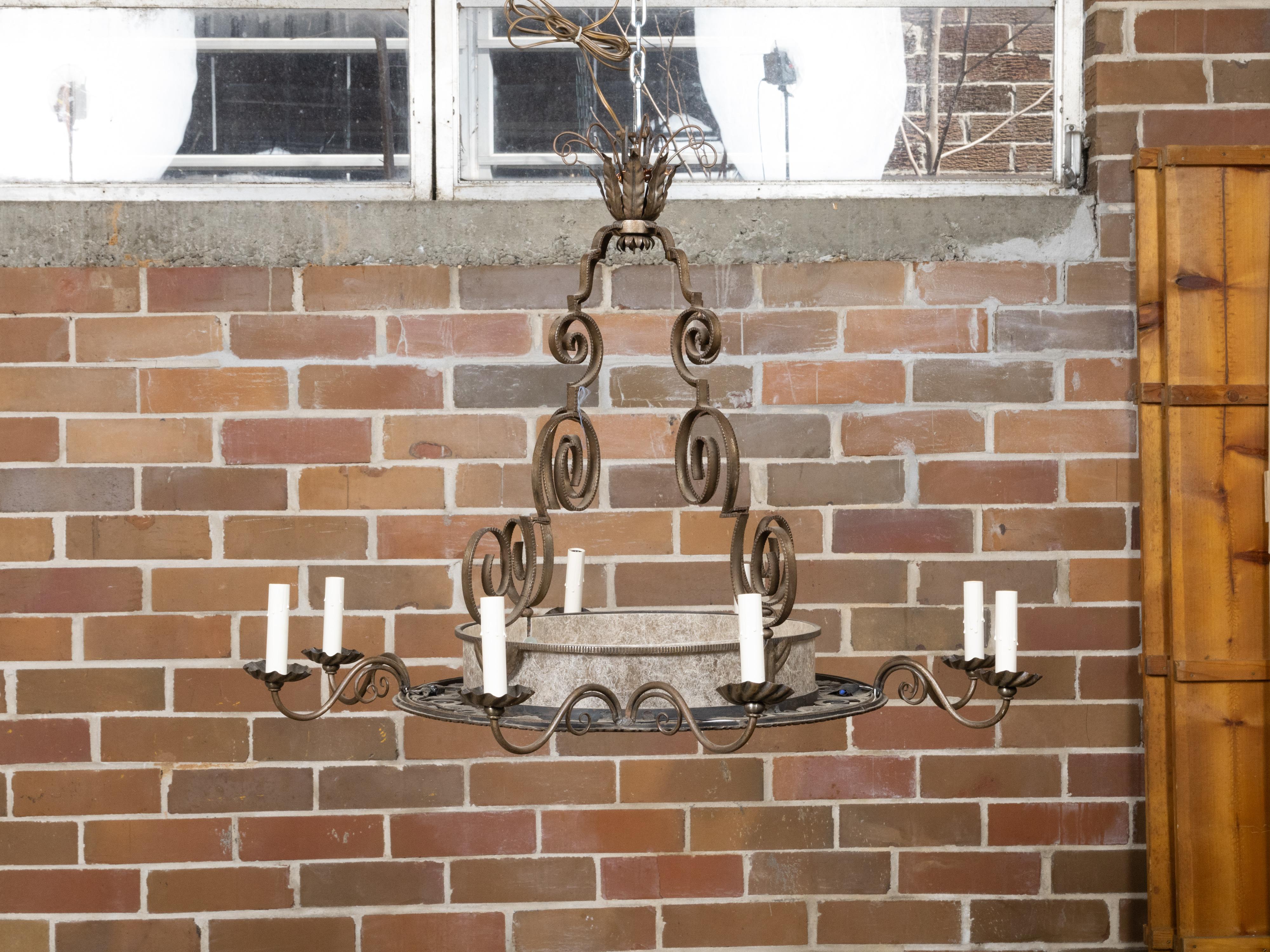 Wrought Iron French Art Deco 1920s Iron Chandelier Eight Light Chandelier with Scrolling Arms For Sale