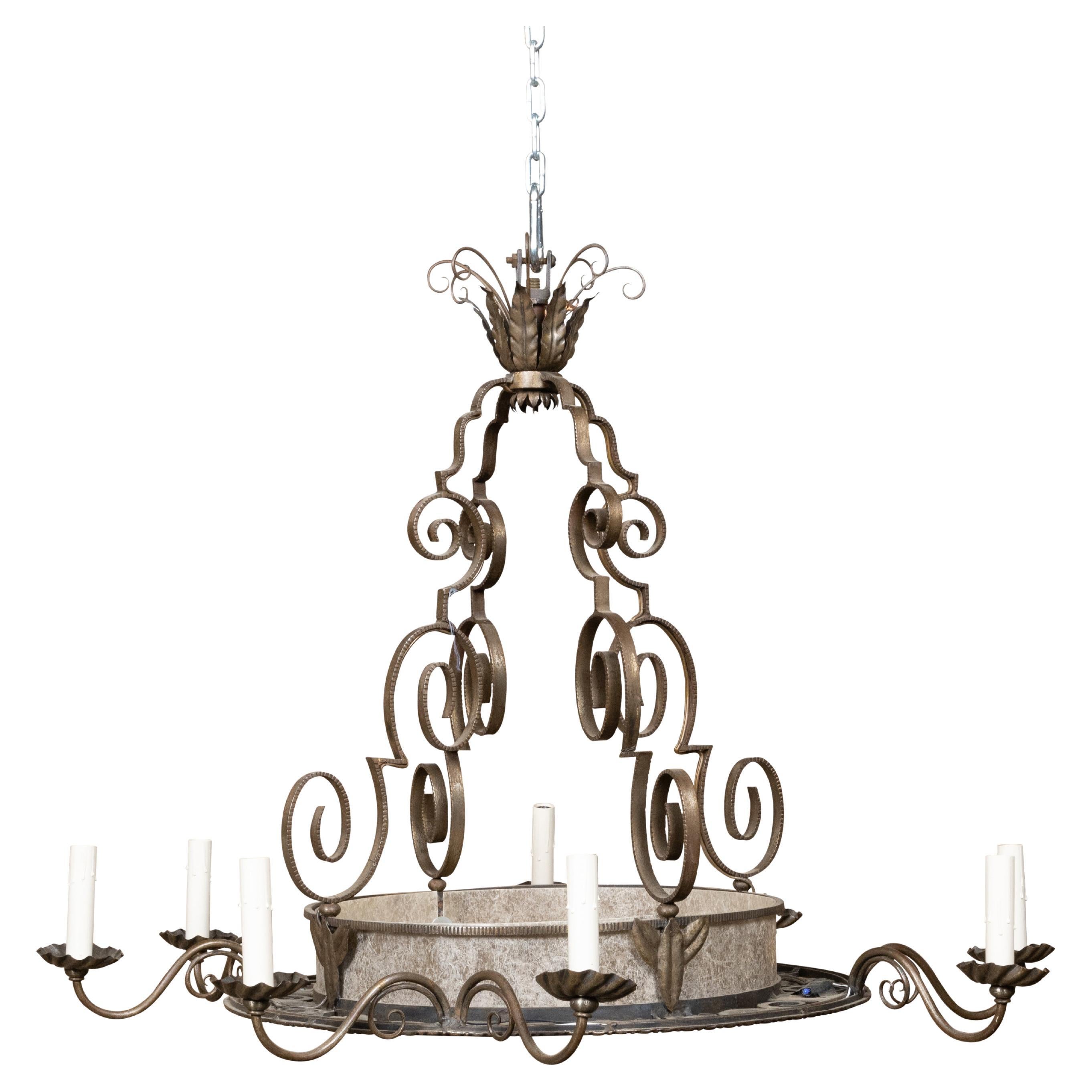 French Art Deco 1920s Iron Chandelier Eight Light Chandelier with Scrolling Arms For Sale