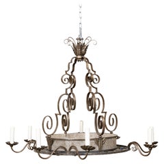 French Art Deco 1920s Iron Chandelier Eight Light Chandelier with Scrolling Arms