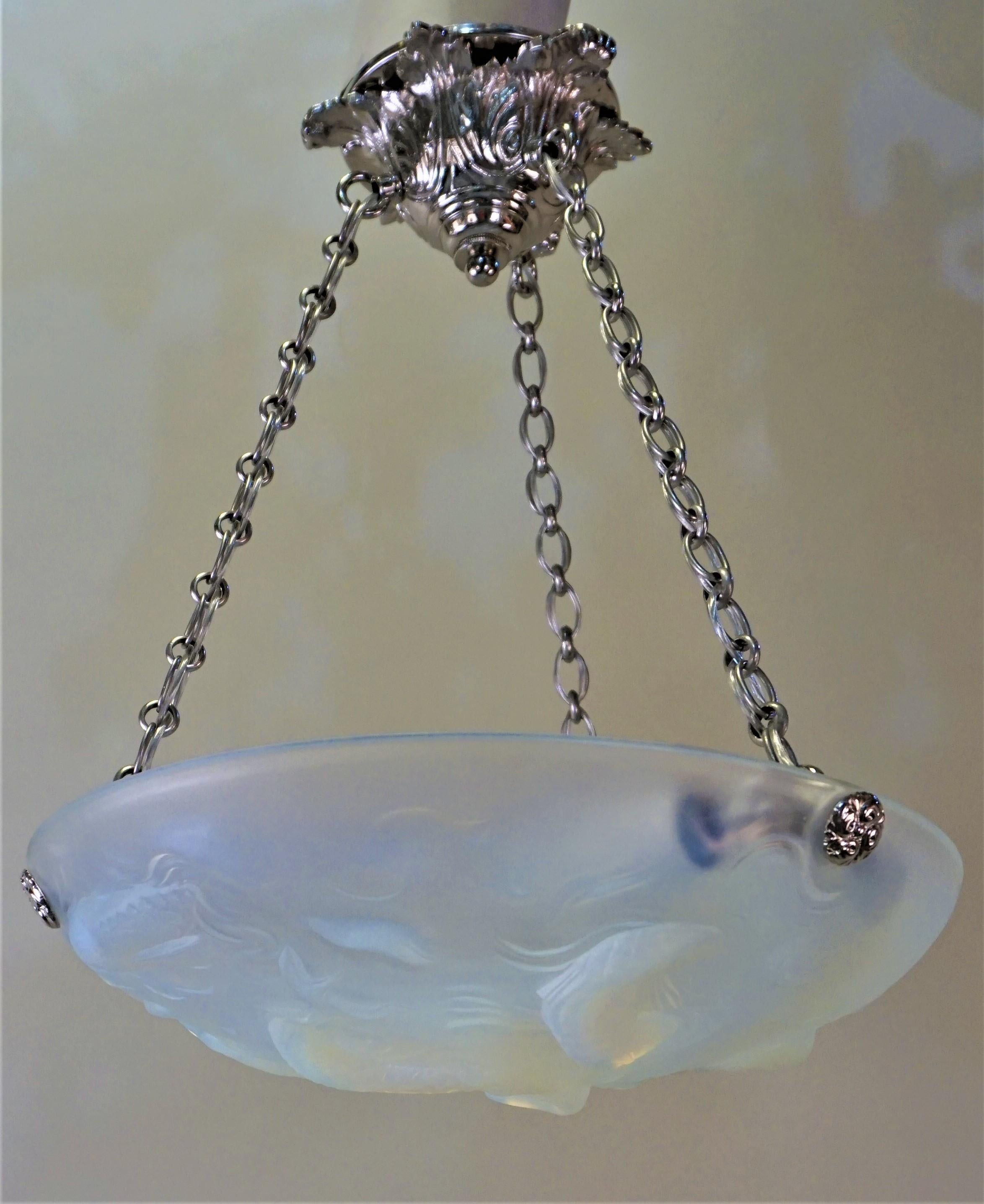 French Art Deco 1920s Opalescent Glass Chandelier 2