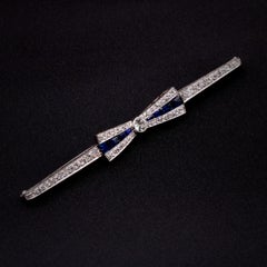 French Art Deco 1920s Platinum 2.88tgw Sapphire and Old Cut Diamond Bow Brooch