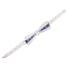 French Art Deco 1920s Platinum 2.88tgw Sapphire and Old Cut Diamond Bow Brooch