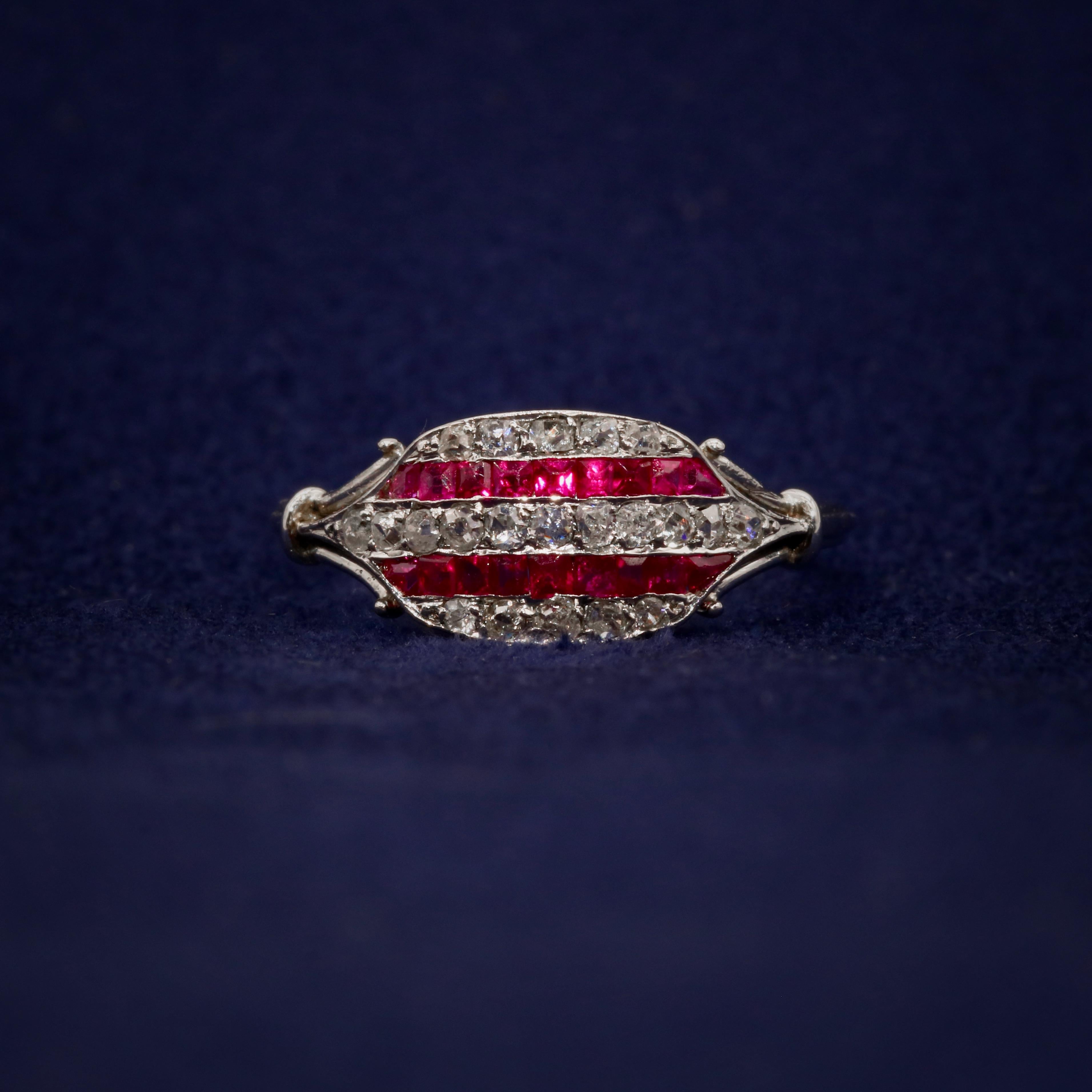 Old Mine Cut French Art Deco 1920s Platinum Ruby and Diamond 5 Row Panel Ring For Sale