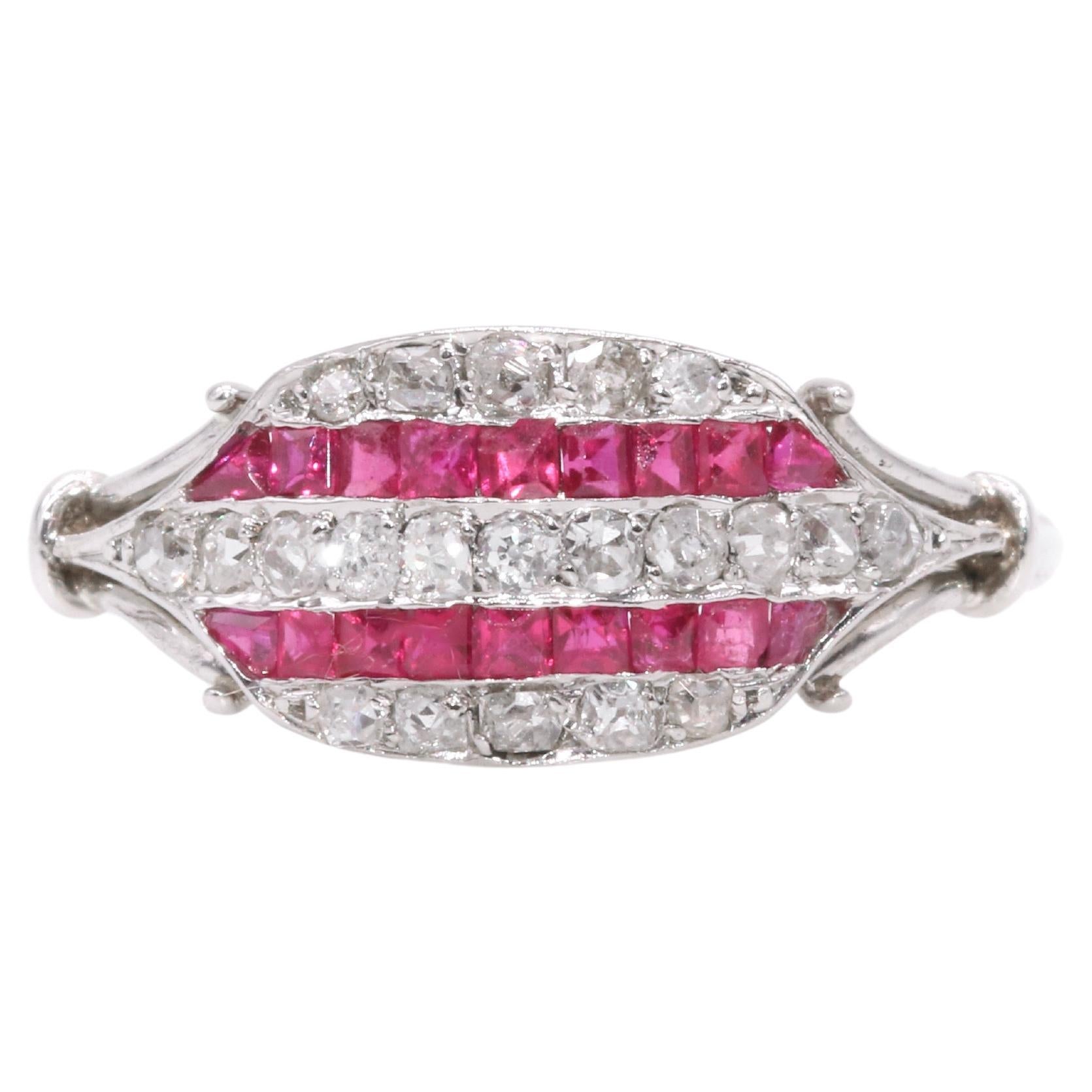 French Art Deco 1920s Platinum Ruby and Diamond 5 Row Panel Ring For Sale