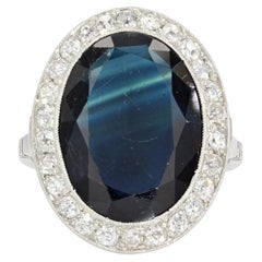 French Art Deco 1925s 7 Carats Sapphire Diamonds Platinum Ring