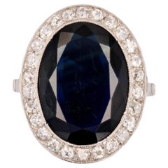 Antique French Art Deco 1925s 7 Carats Sapphire Diamonds Platinum Ring