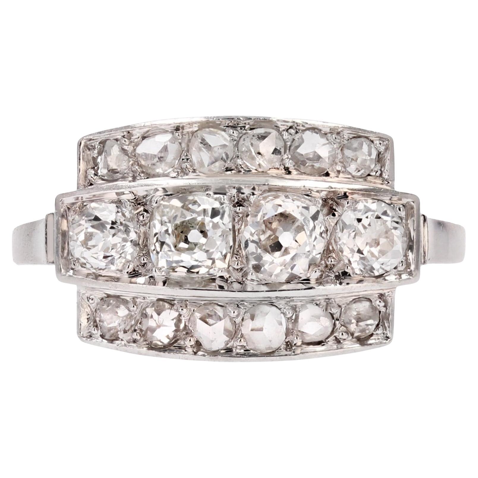 French Art Deco 1925s Diamonds Platinum Rectangular Ring For Sale