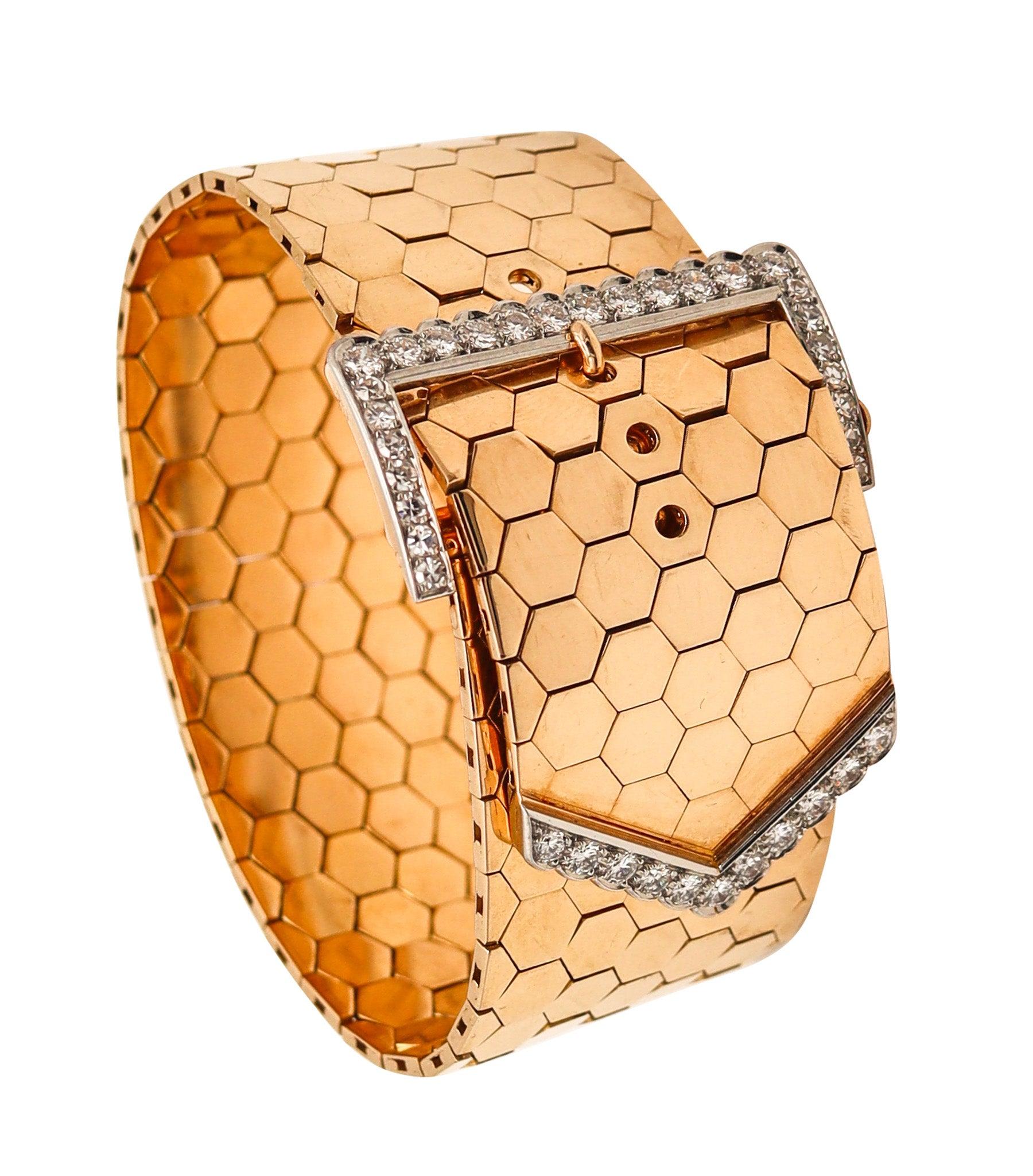FRENCH Art Deco 1930 Buckle Bracelet 18Kt Gold Platinum 2.37 Ctw Diamonds Rubies