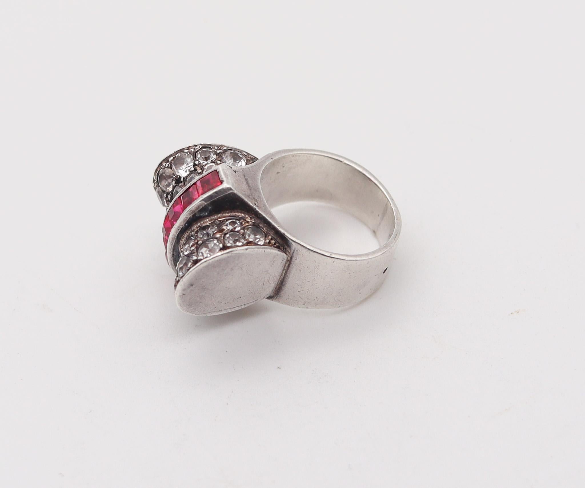 French Cut French Art Deco 1930 Cocktail Ring In Sterling Silver With Synthetic Rubies For Sale