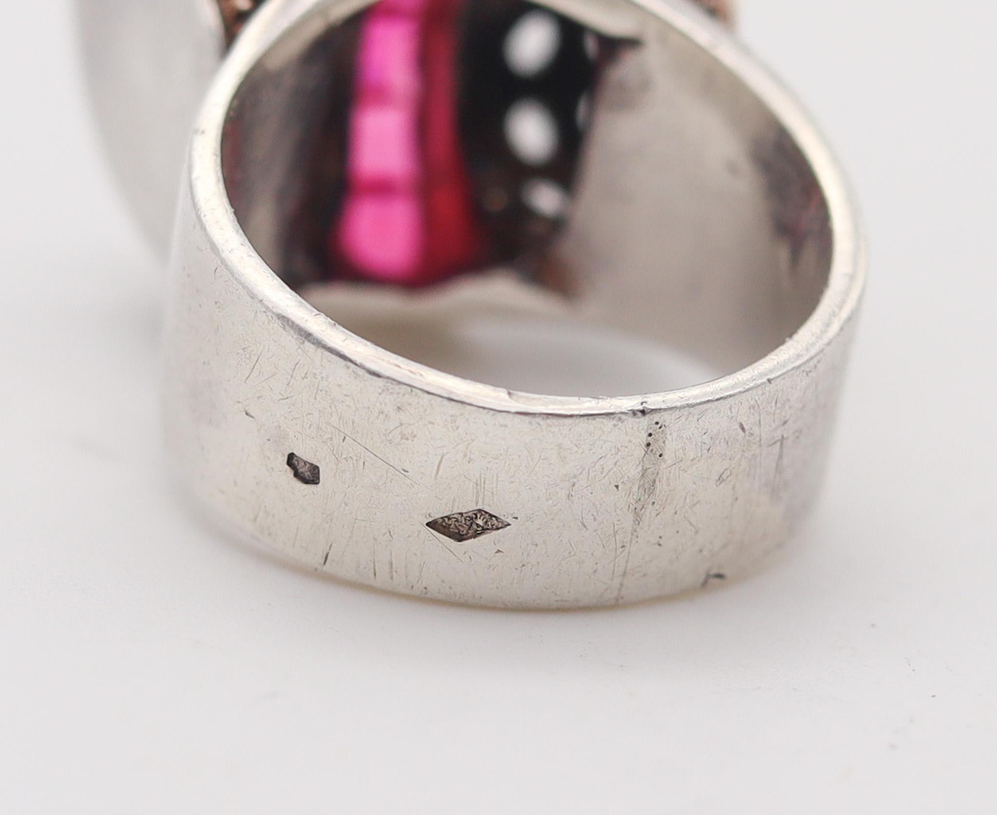 Women's or Men's French Art Deco 1930 Cocktail Ring In Sterling Silver With Synthetic Rubies For Sale