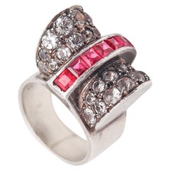 French Art Deco 1930 Cocktail Ring In Sterling Silver With Synthetic Rubies
